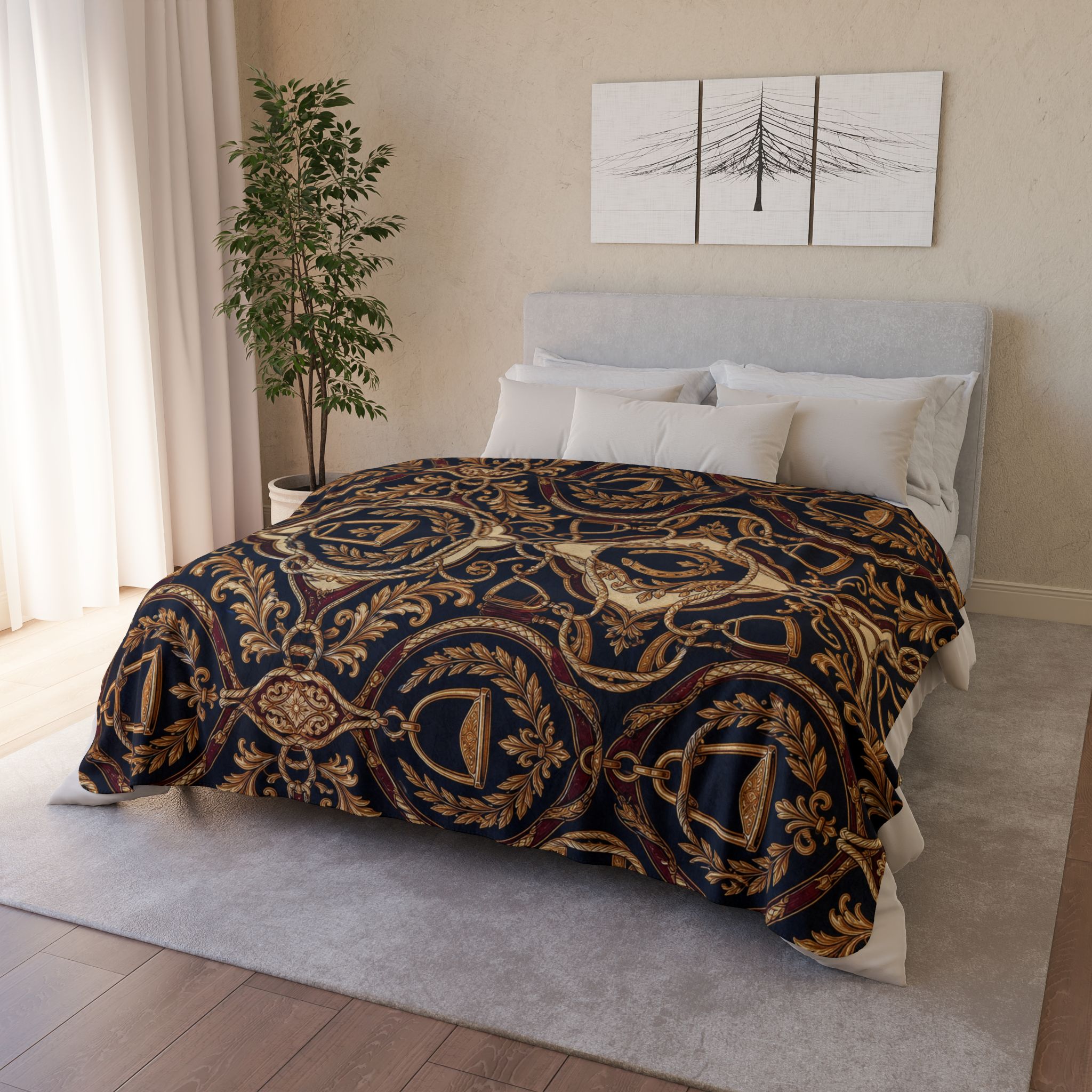 Vintage baroque crest sherpa blanket in navy and gold, shown on a bed