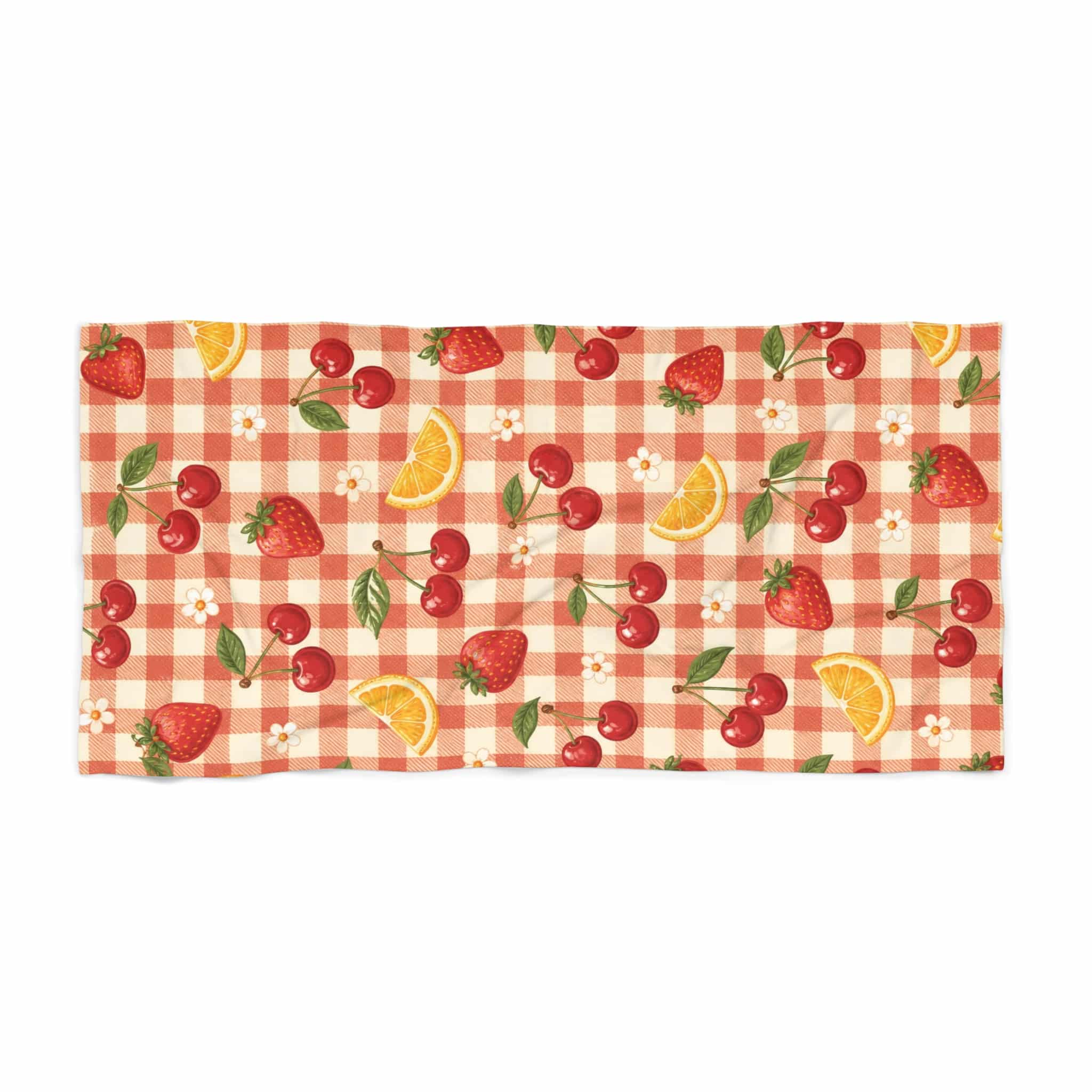 Strawberry citrus picnic plaid beach towel with strawberries and lemon slices on a red and cream gingham, shown flat on a white background