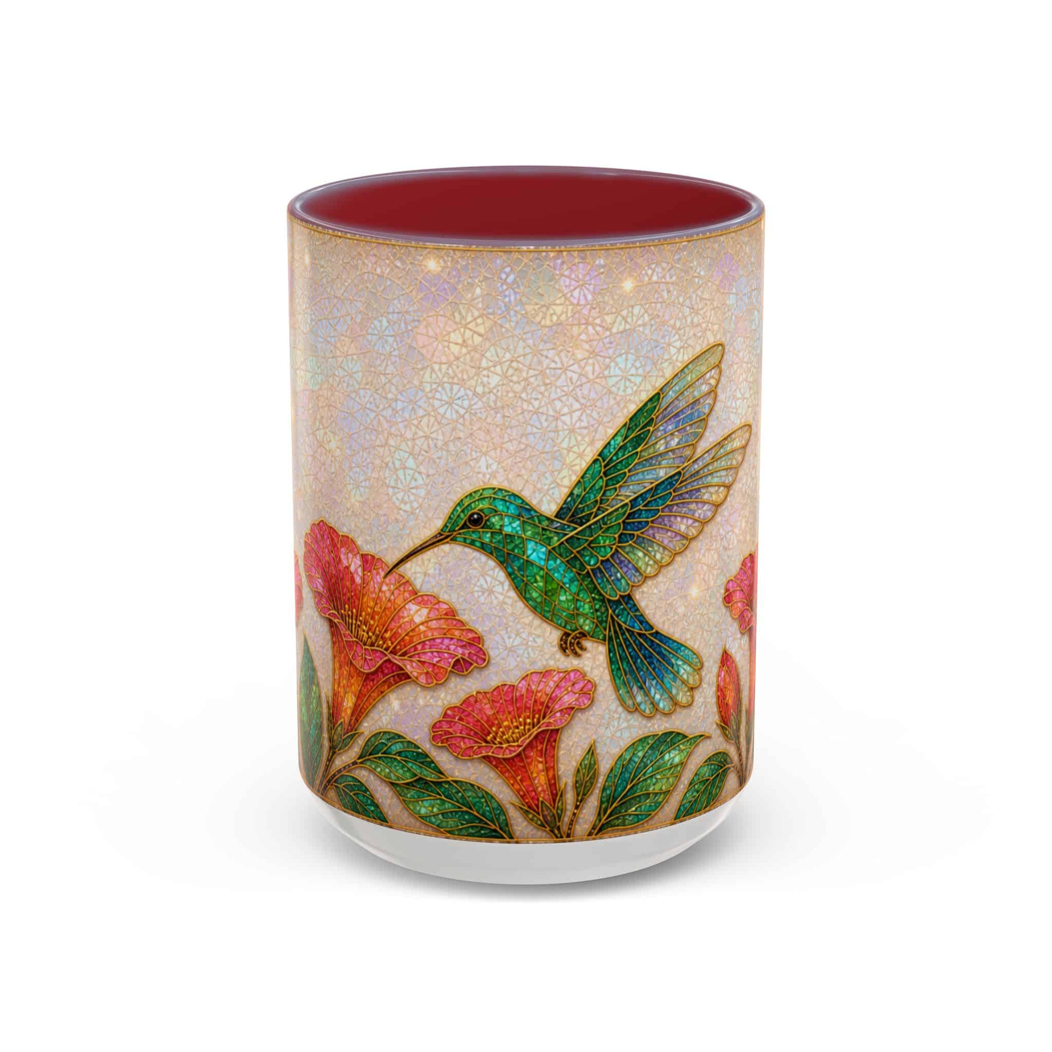 Hummingbird floral accent coffee mug with a green hummingbird and coral flowers and a red inside, shown on a white background