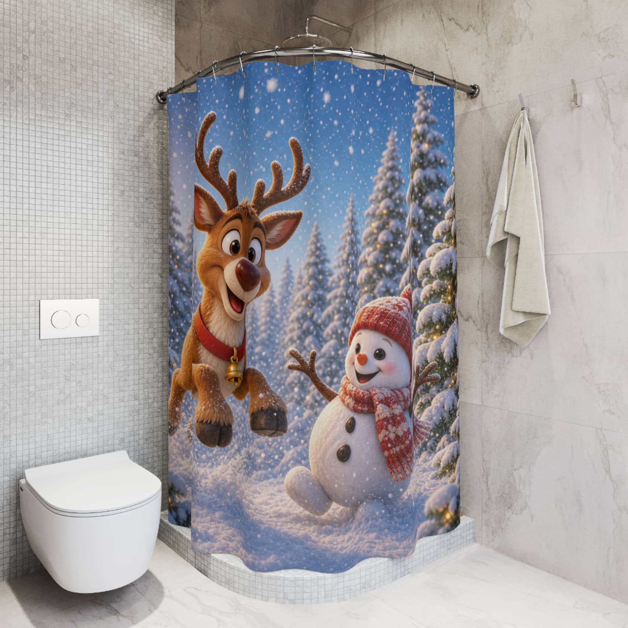 Christmas Reindeer & Snowman Shower Curtain — Festive Holiday Bathroom Decor - Image 5