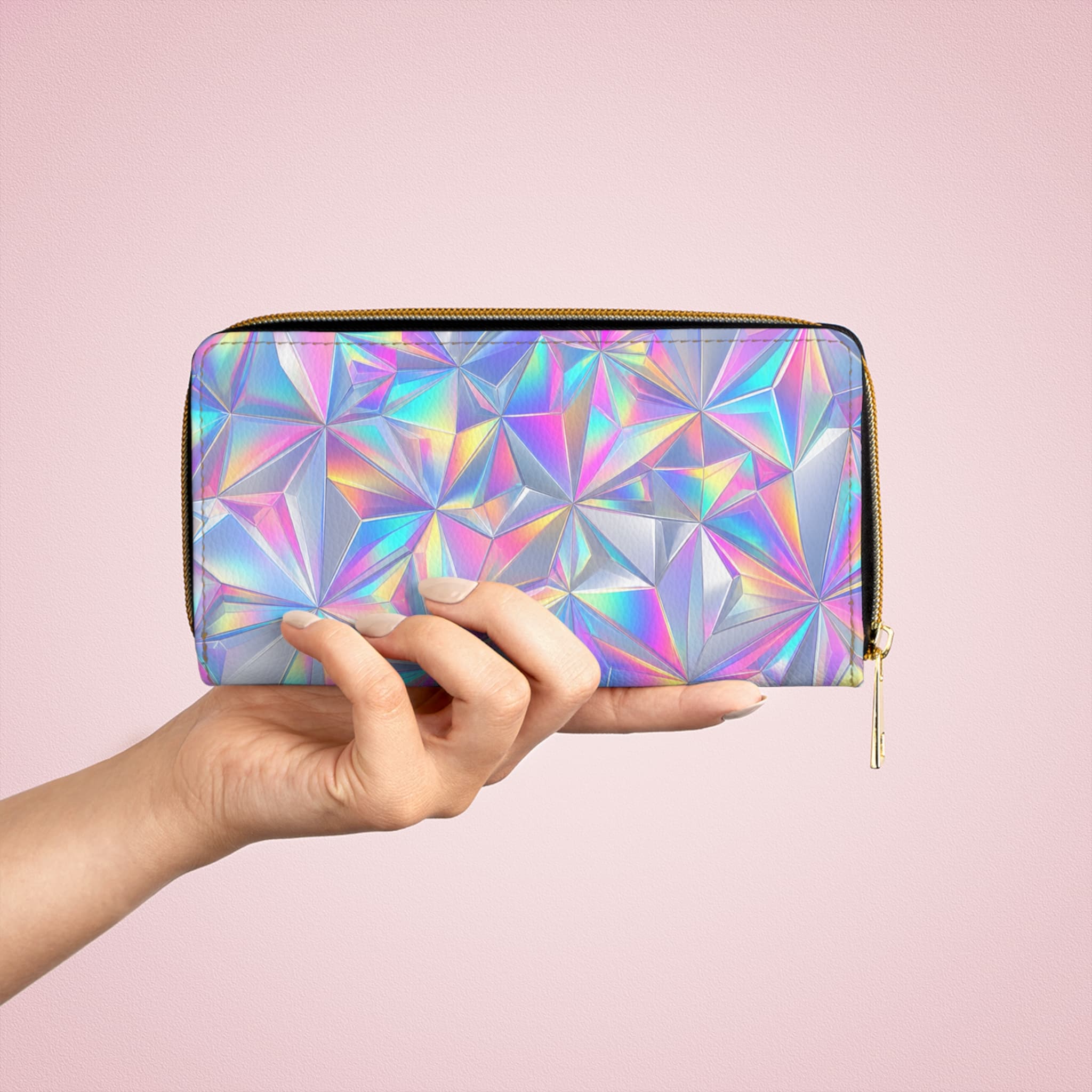 Holographic Iridescent Prism Zipper Wallet, Chrome Rainbow Crystal - Image 5