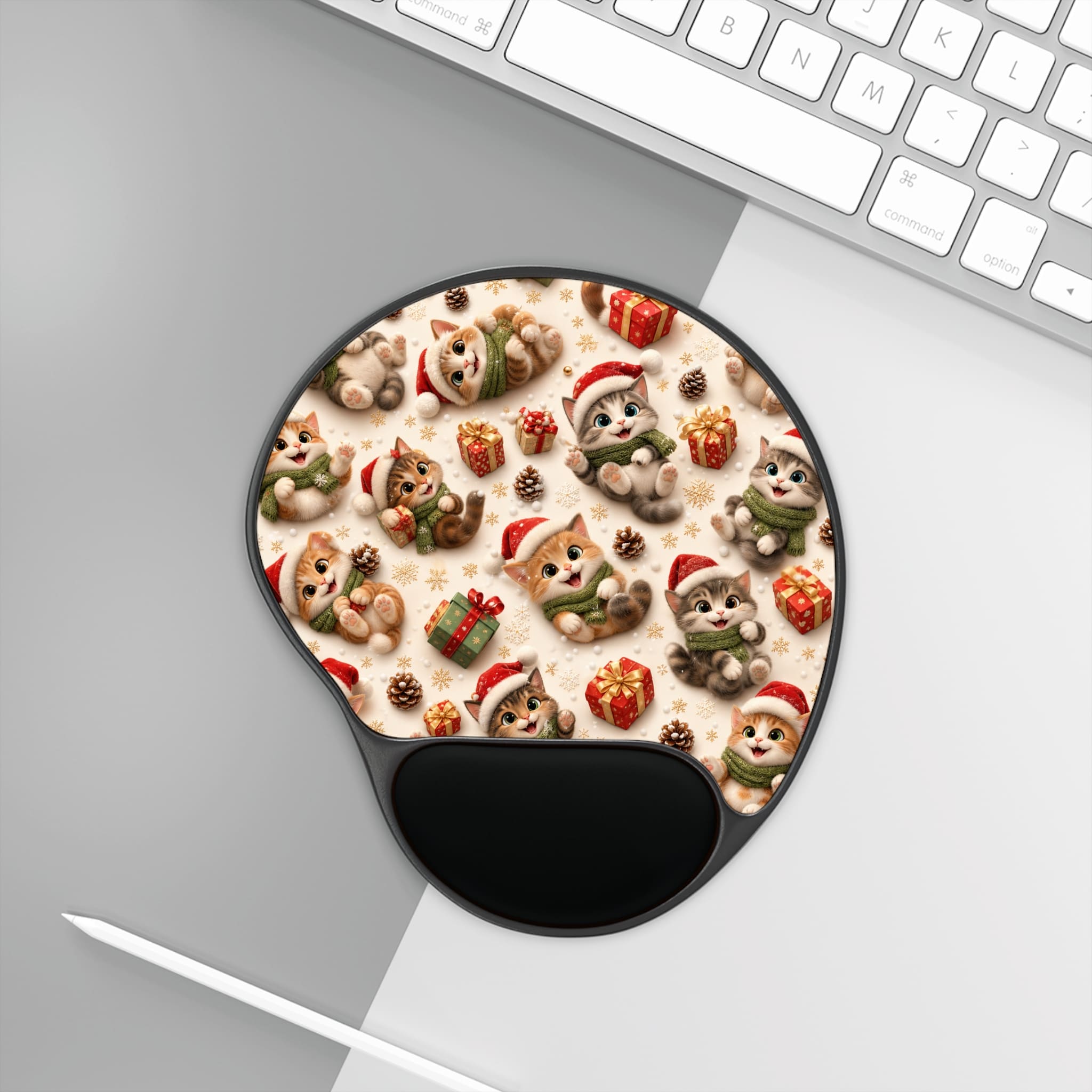 Cozy Christmas Kawaii Cats Mouse Pad with Gel Wrist Rest — Cute Holiday Cat Pattern - Image 3