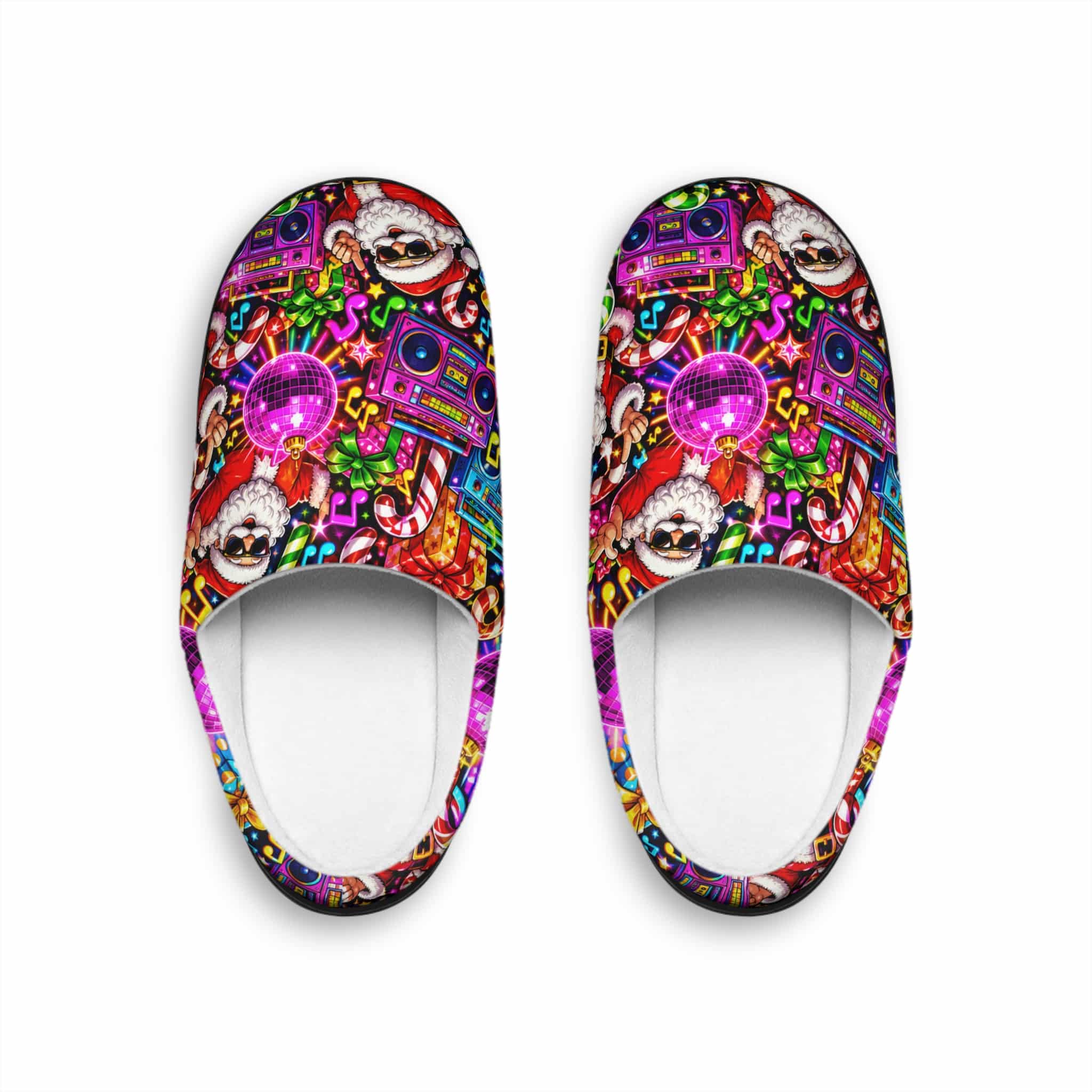 Christmas disco slippers with a colorful Santa and retro boombox pattern in pink, purple and green, shown on a white background