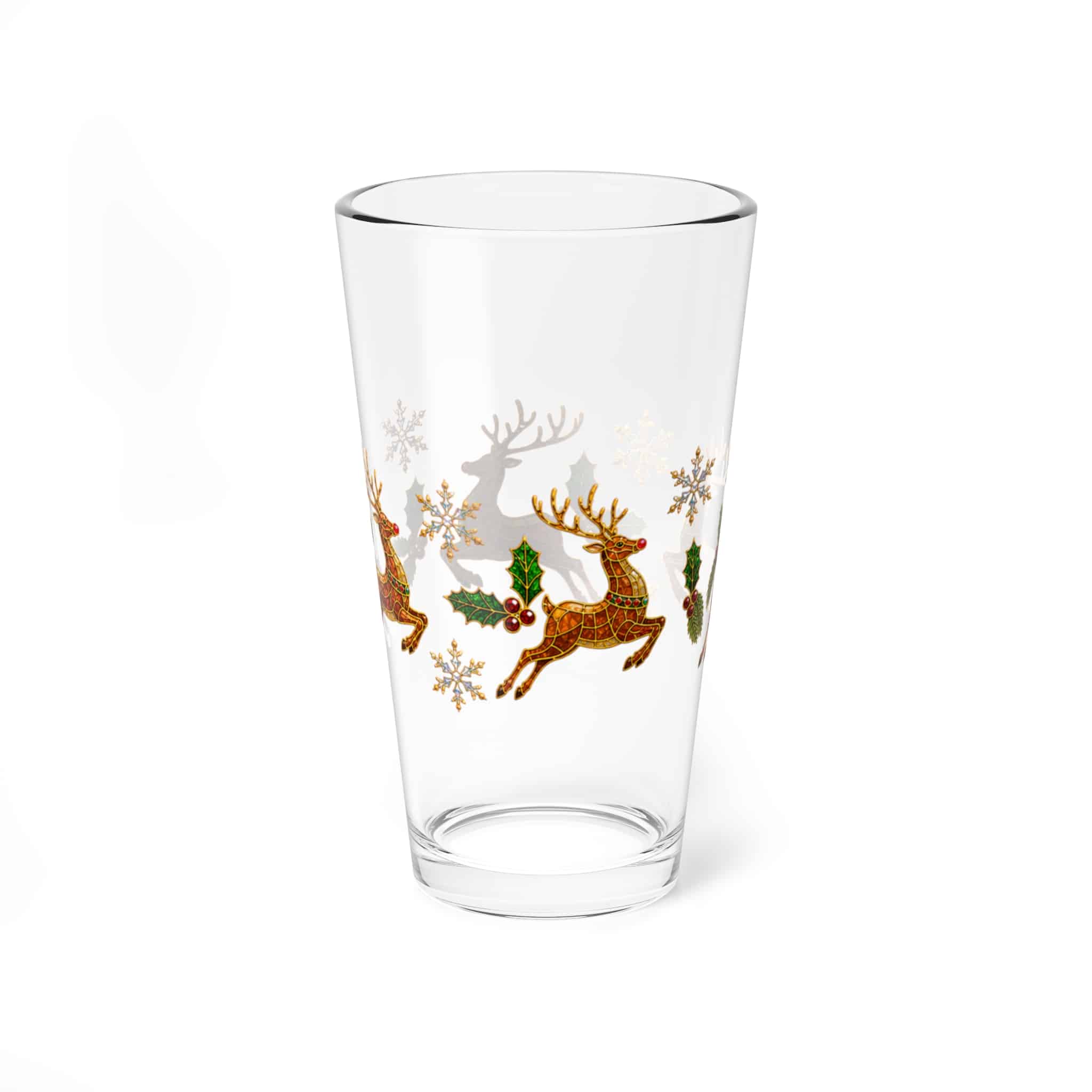 16 oz Christmas mixing glass with a reindeer and snowflakes, shown on a white background