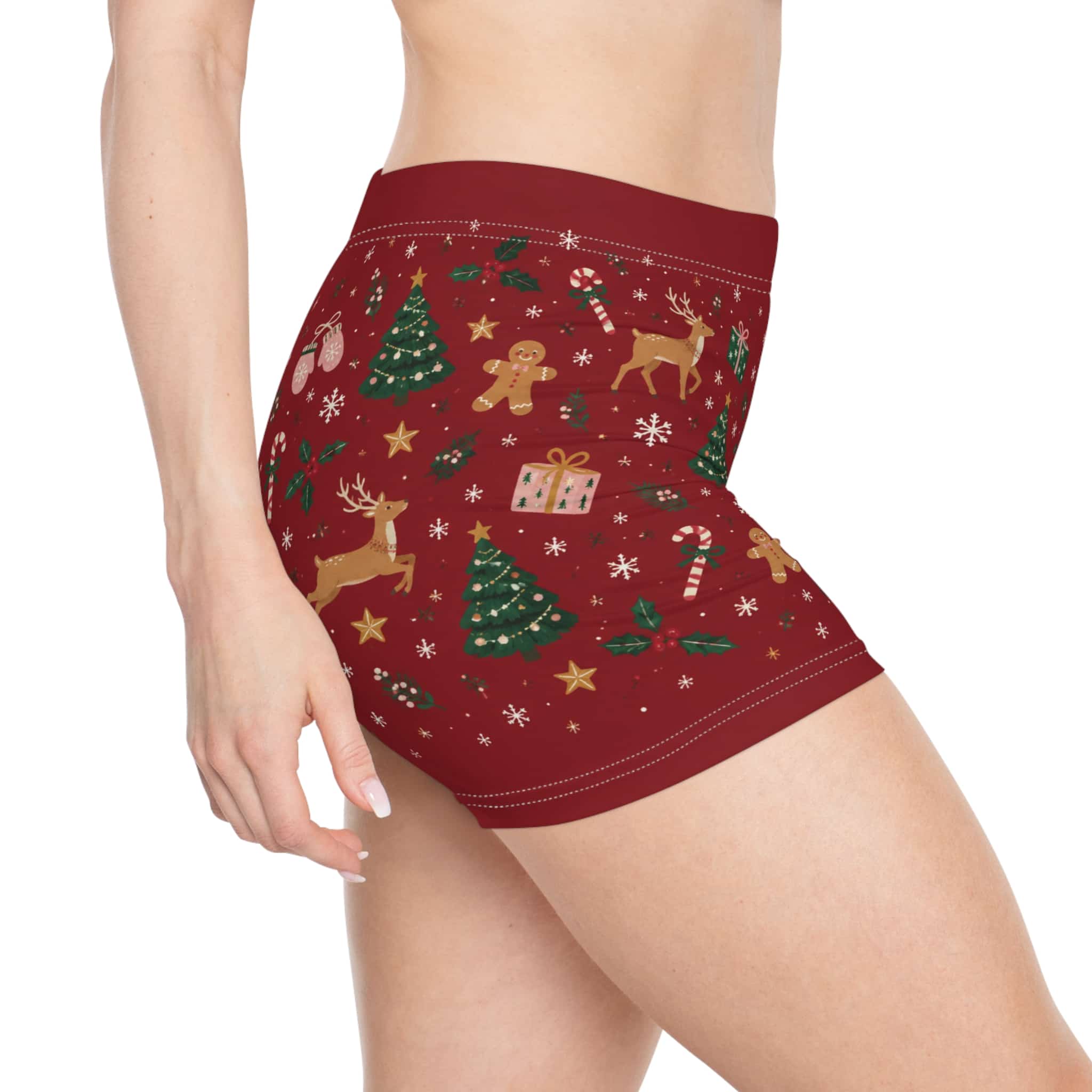 Christmas Holiday Women's Shorts - Red Festive Reindeer & Tree - Image 4