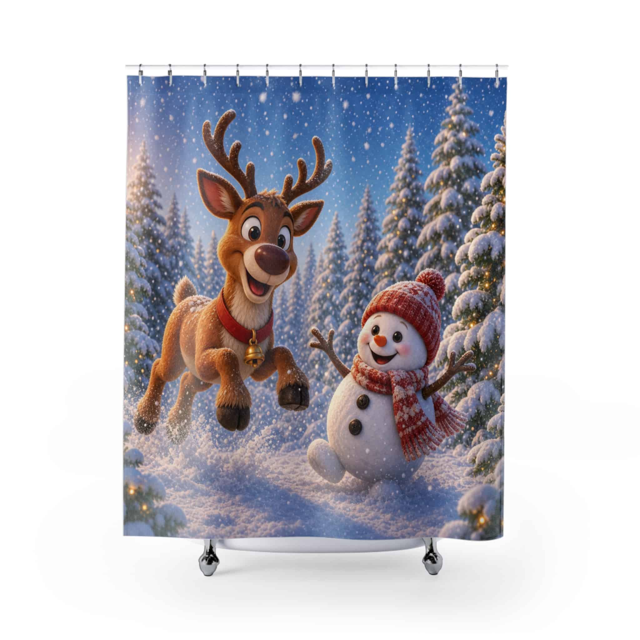 Christmas shower curtain with a leaping reindeer and a smiling snowman in a snowy fir forest, shown on a white background