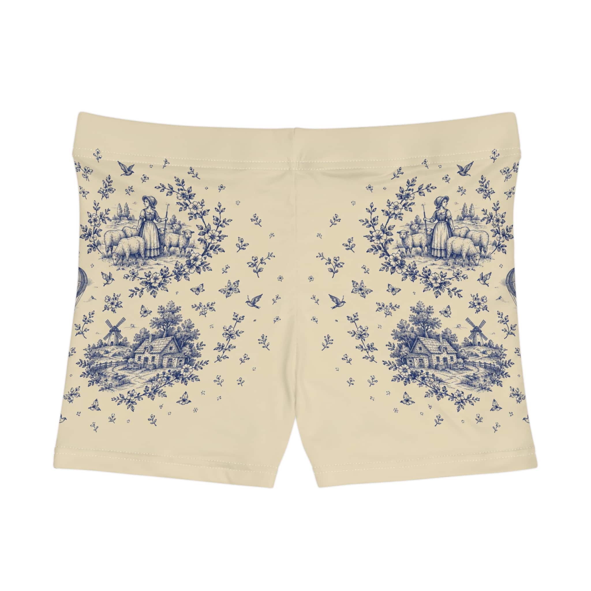 Toile Print Women's Shorts — Vintage Blue Cottage Pattern - Image 6