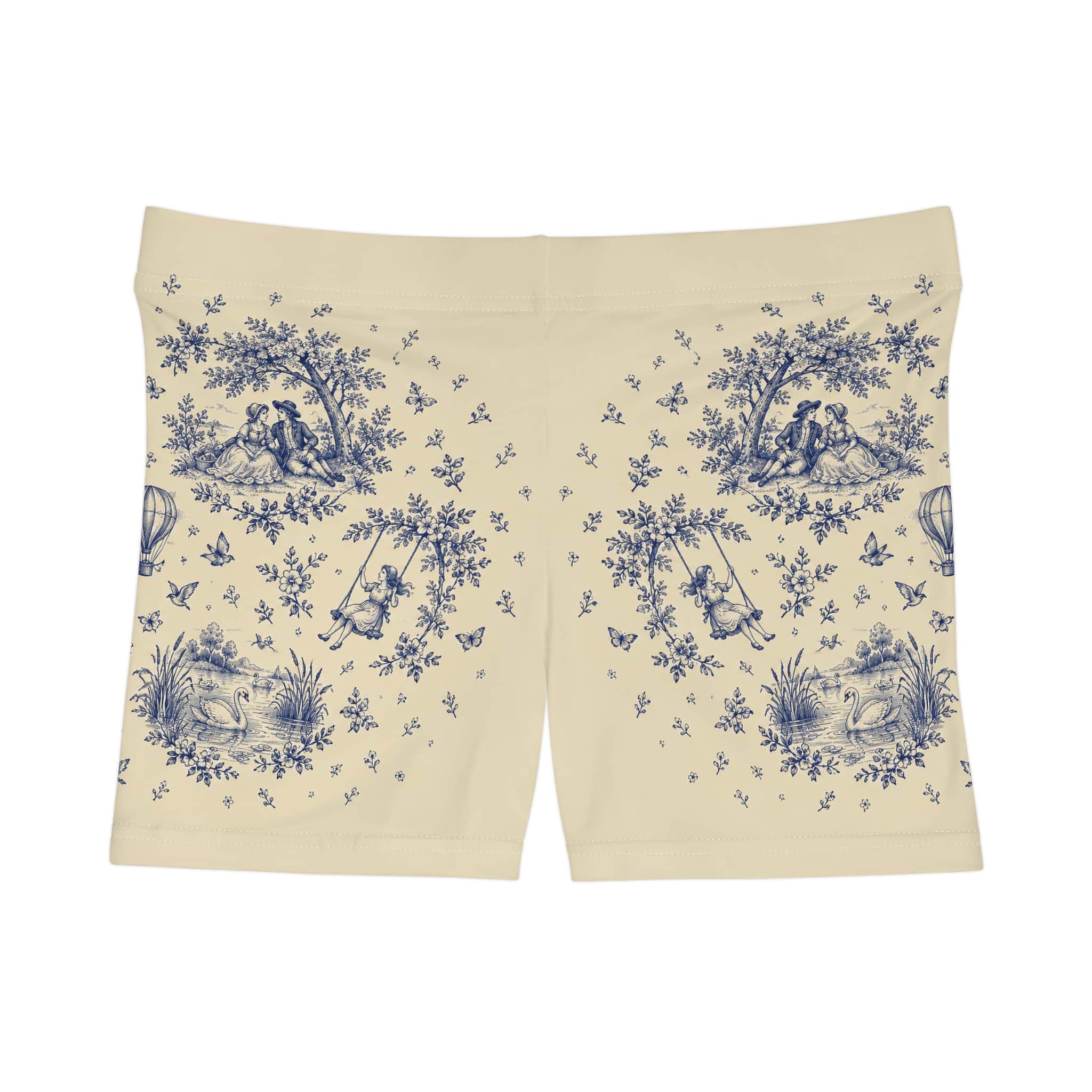 Toile Print Women's Shorts — Vintage Blue Cottage Pattern - Image 5