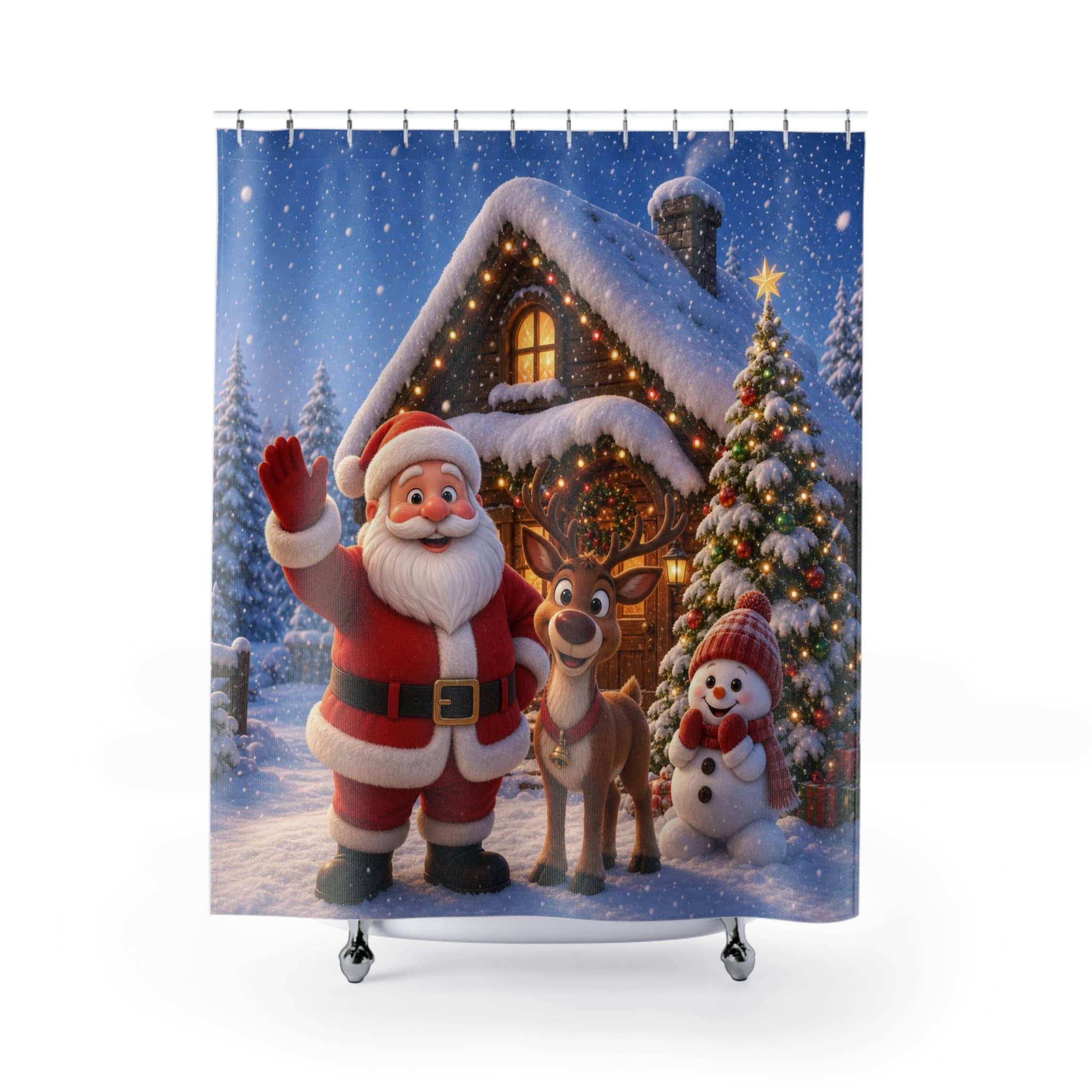 Christmas shower curtain with Santa waving in front of a snowy cabin with a reindeer and snowman, shown on a white background