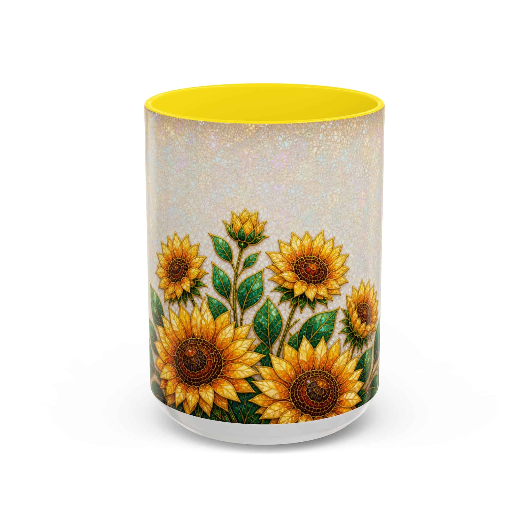 Sunflower accent coffee mug with yellow sunflowers and a yellow inside, shown on a white background