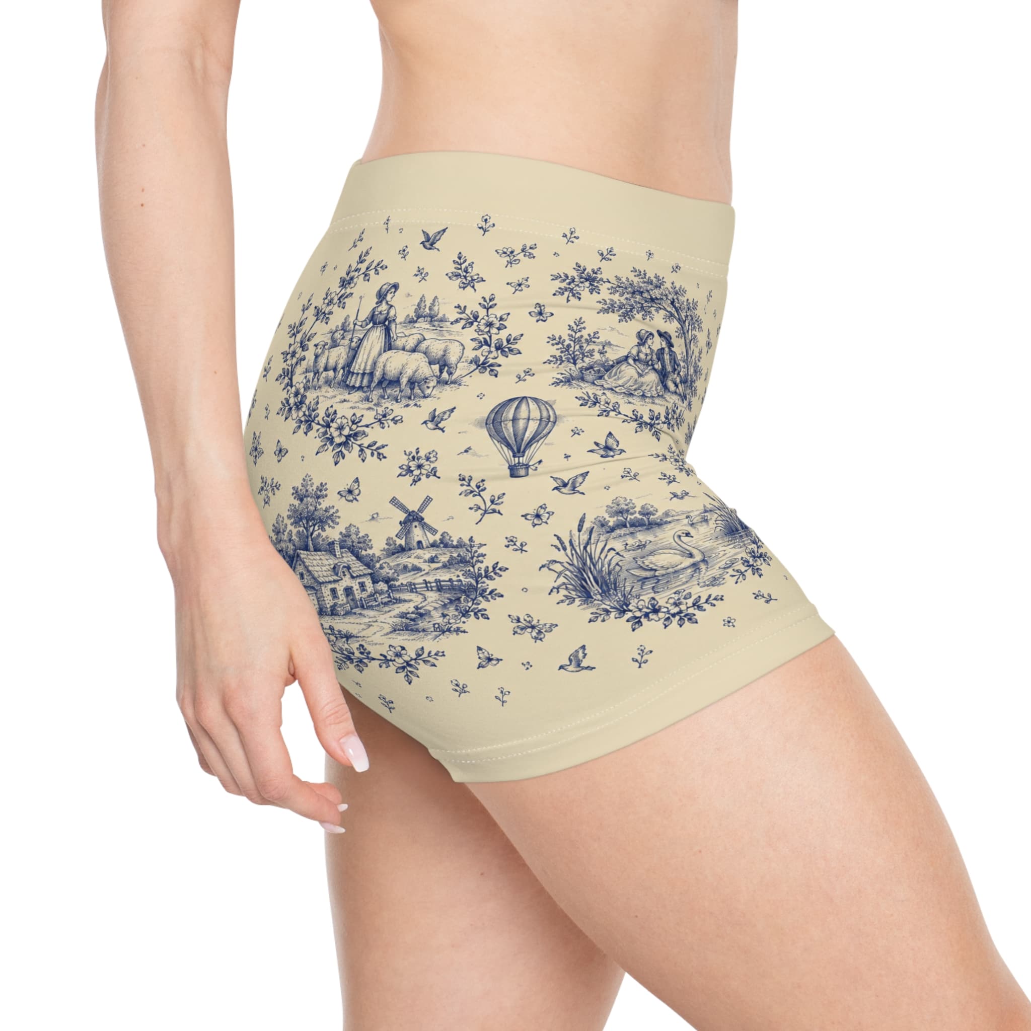 Toile Print Women's Shorts — Vintage Blue Cottage Pattern - Image 4