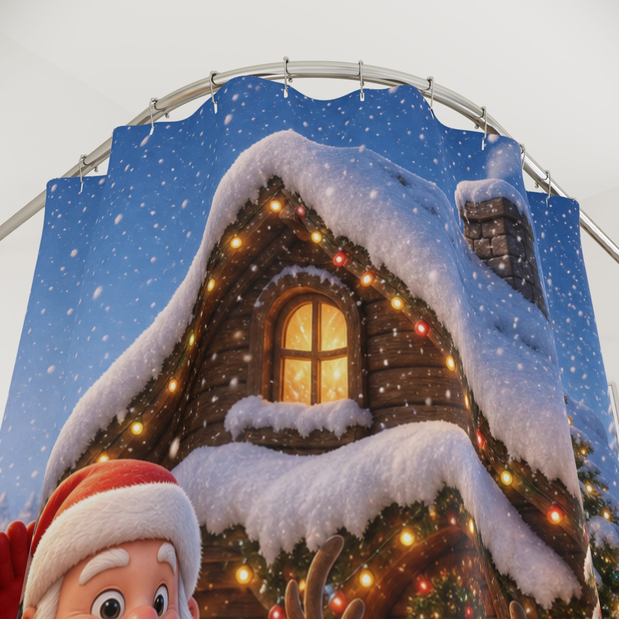 Christmas Santa & Reindeer Shower Curtain — Holiday Snowy Cabin Bathroom Decor - Image 2