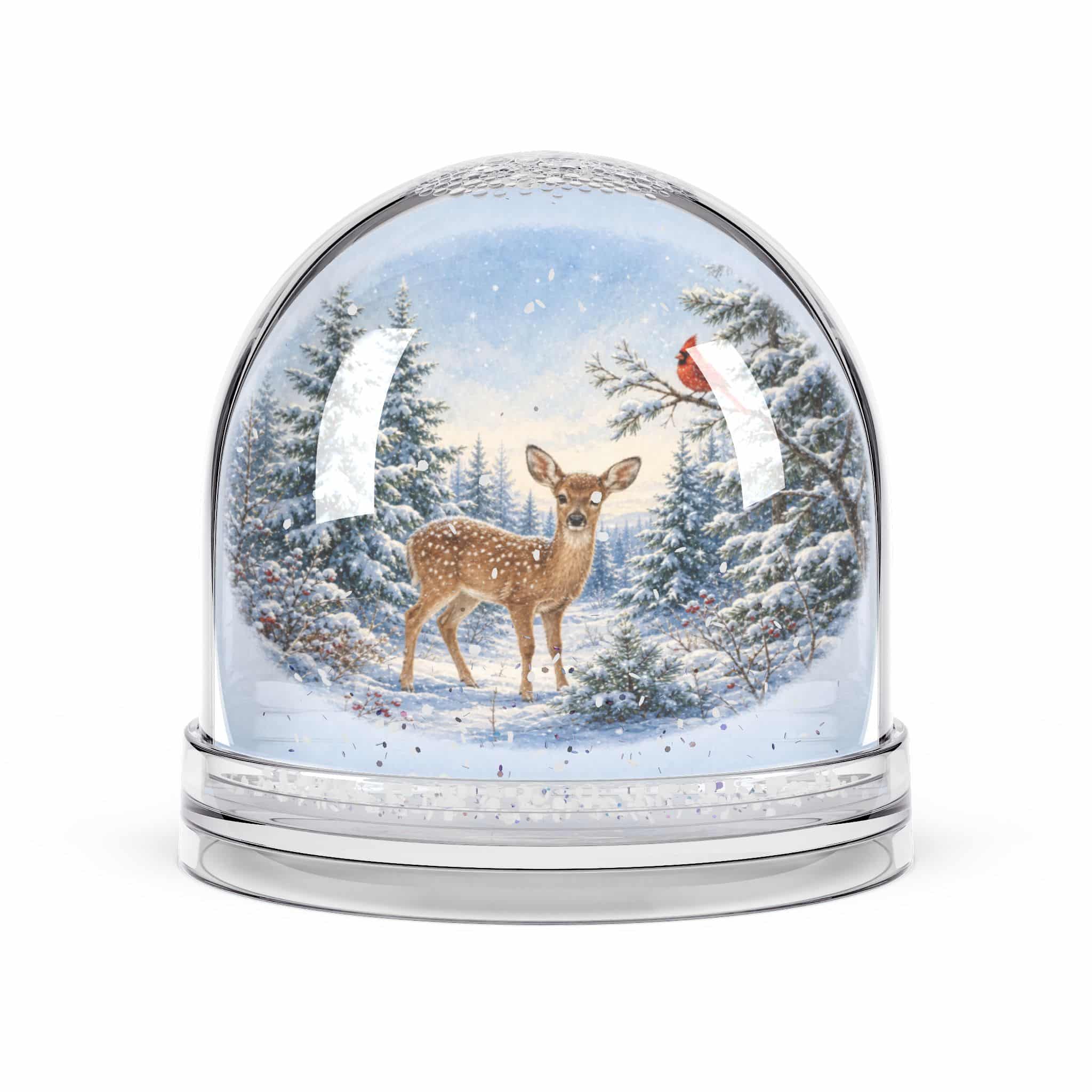 Winter deer snow globe with a deer and a cardinal in a snowy pine forest, shown on a white background