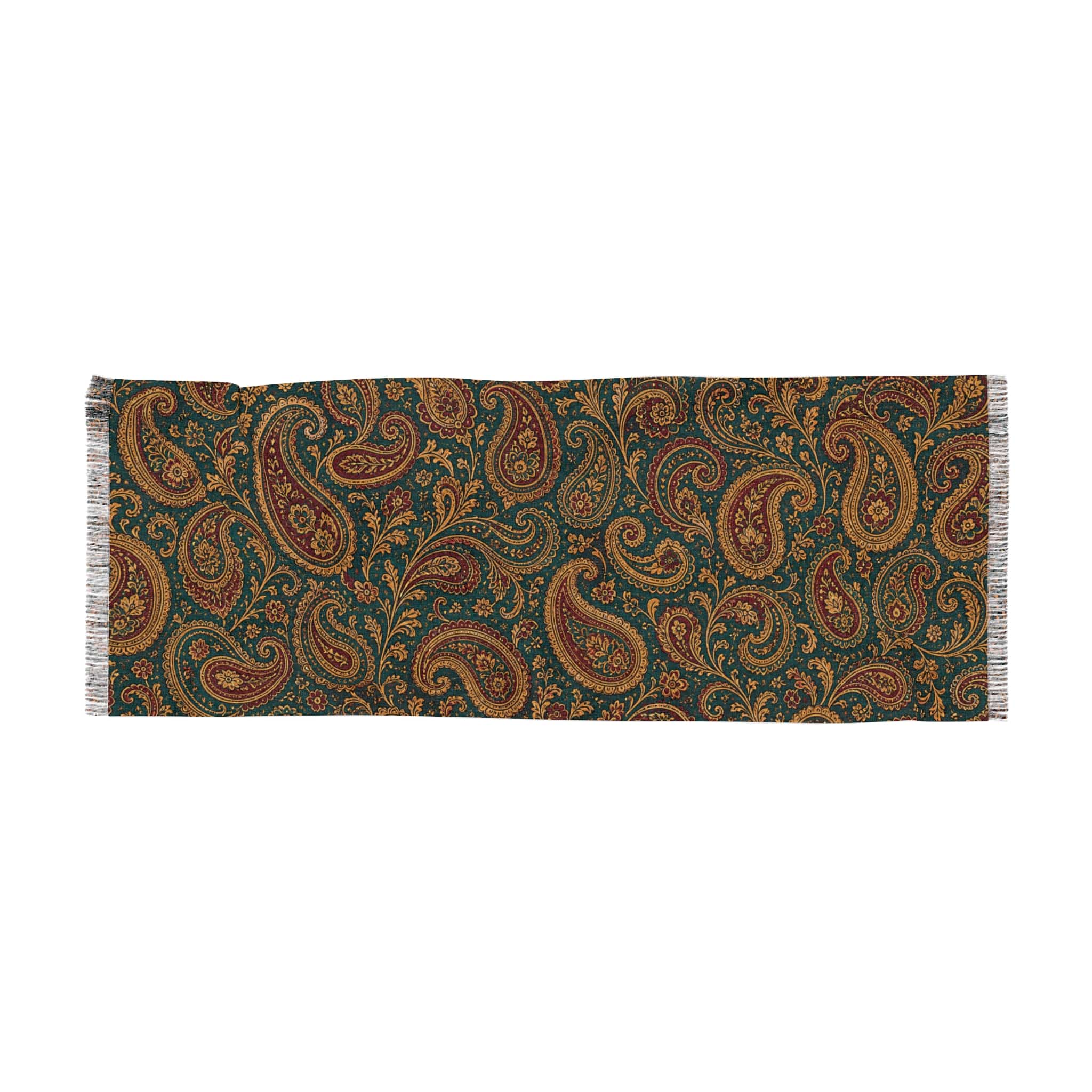 Classic paisley swirl light scarf in olive green and rust with an autumn vintage pattern, shown flat on a white background