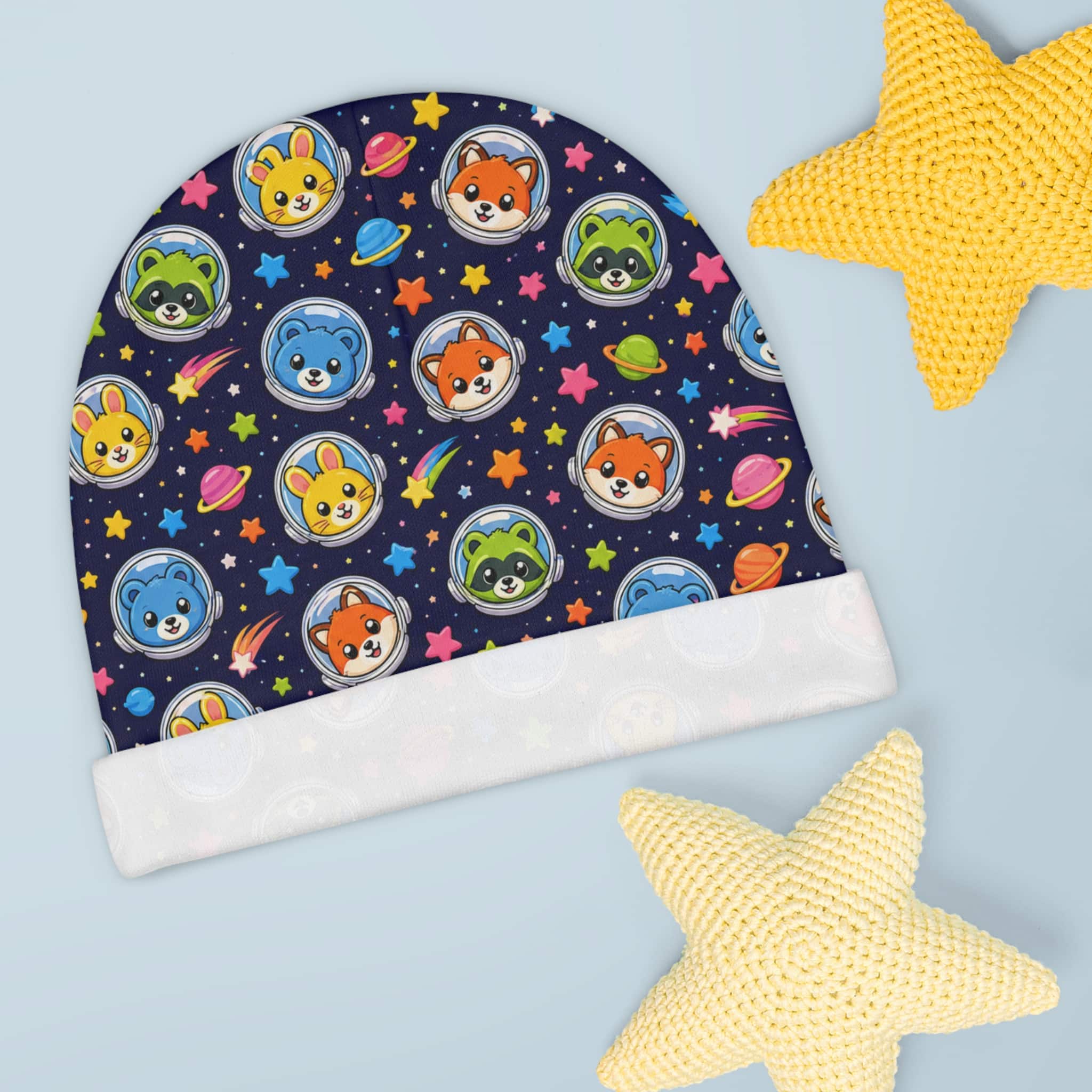 Space Buddies Baby Beanie - Cute Space Animals Allover Print - Image 3