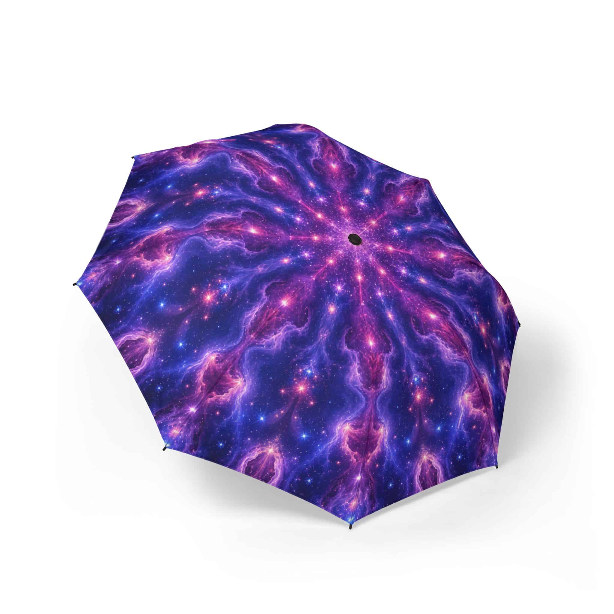 Cosmic nebula galaxy foldable umbrella in purple and blue, shown open on a white background