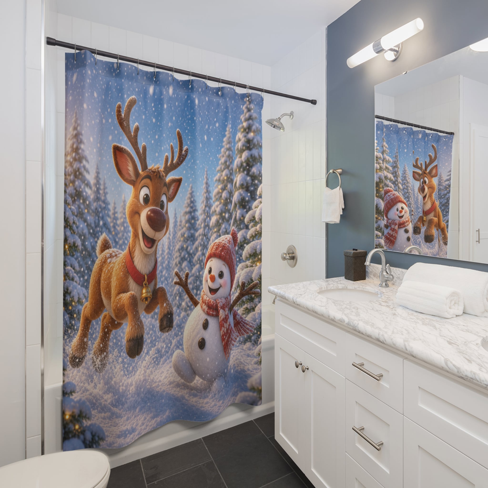 Christmas Reindeer & Snowman Shower Curtain — Festive Holiday Bathroom Decor - Image 3
