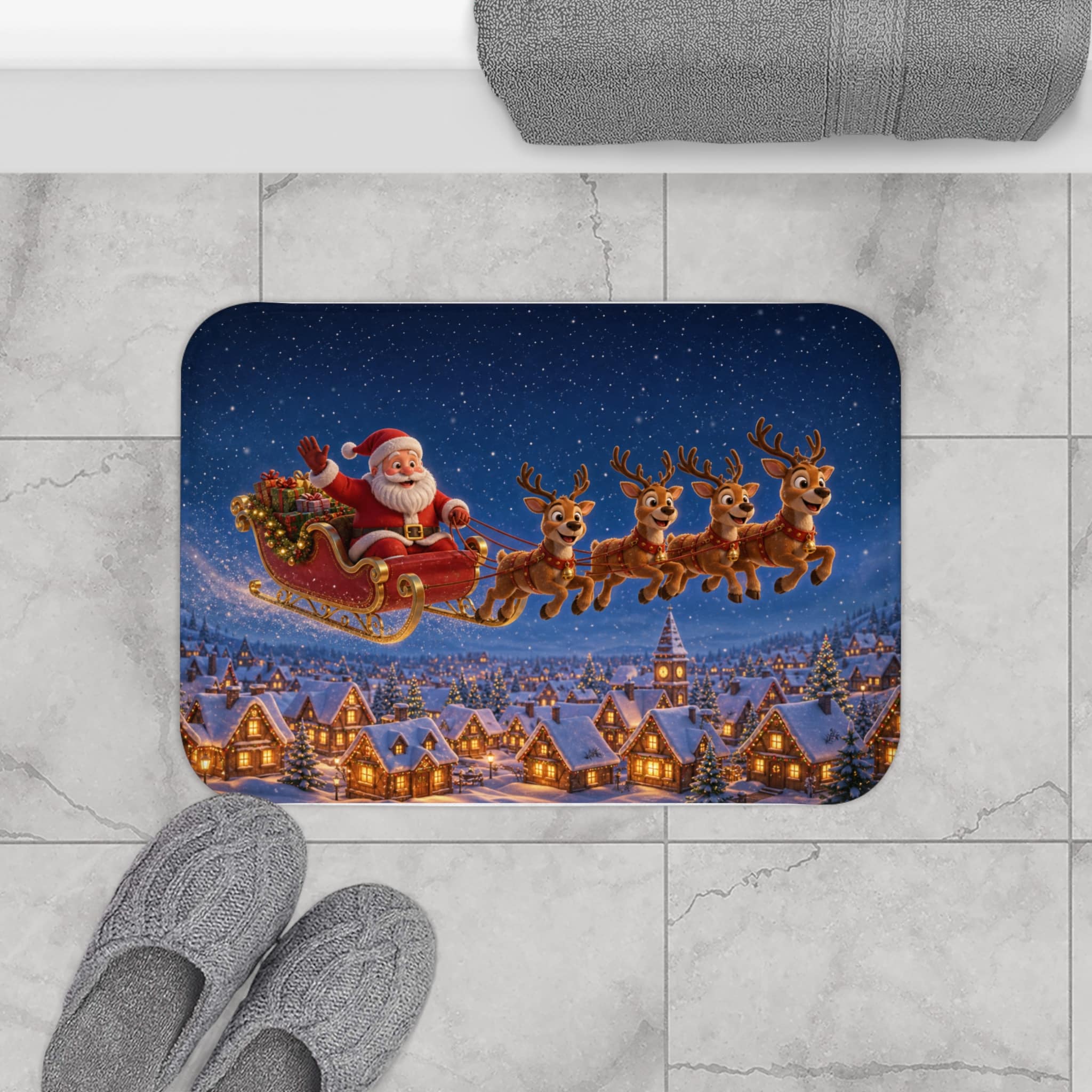Christmas Santa Sleigh Bath Mat — Festive Holiday Bathroom Rug with Reindeer over Snowy Village - Image 8