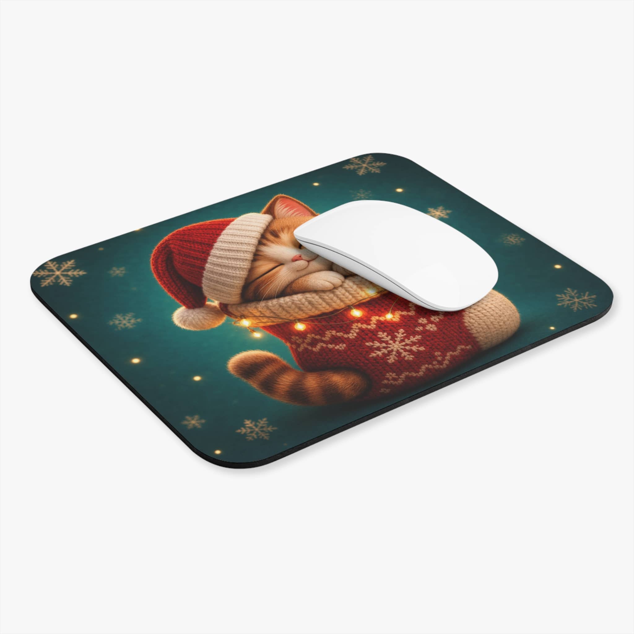 Cozy Christmas Cat Nap Mouse Pad — Cute Kitten in Holiday Stocking Desk Mat - Image 3
