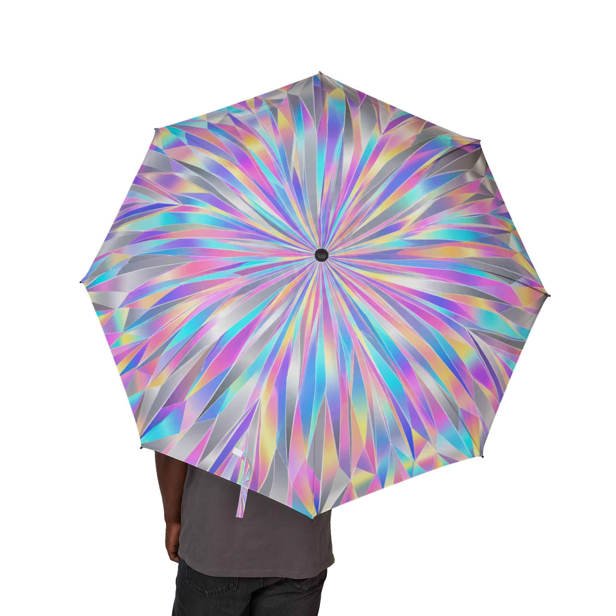 Holographic Iridescent Burst Foldable Umbrella — Iridescent Prism Swirl Compact Umbrella - Image 4