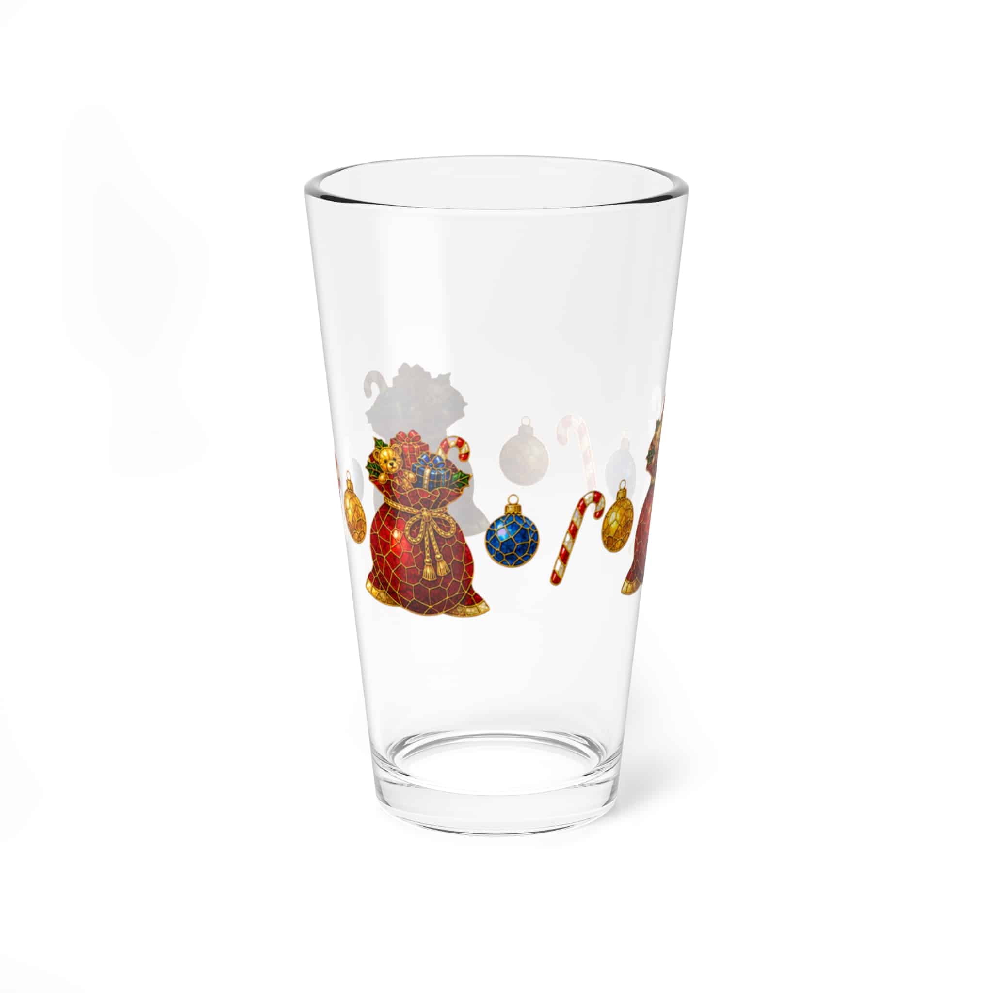 16 oz Christmas mixing glass with a gnome in a red hat and candy canes, shown on a white background