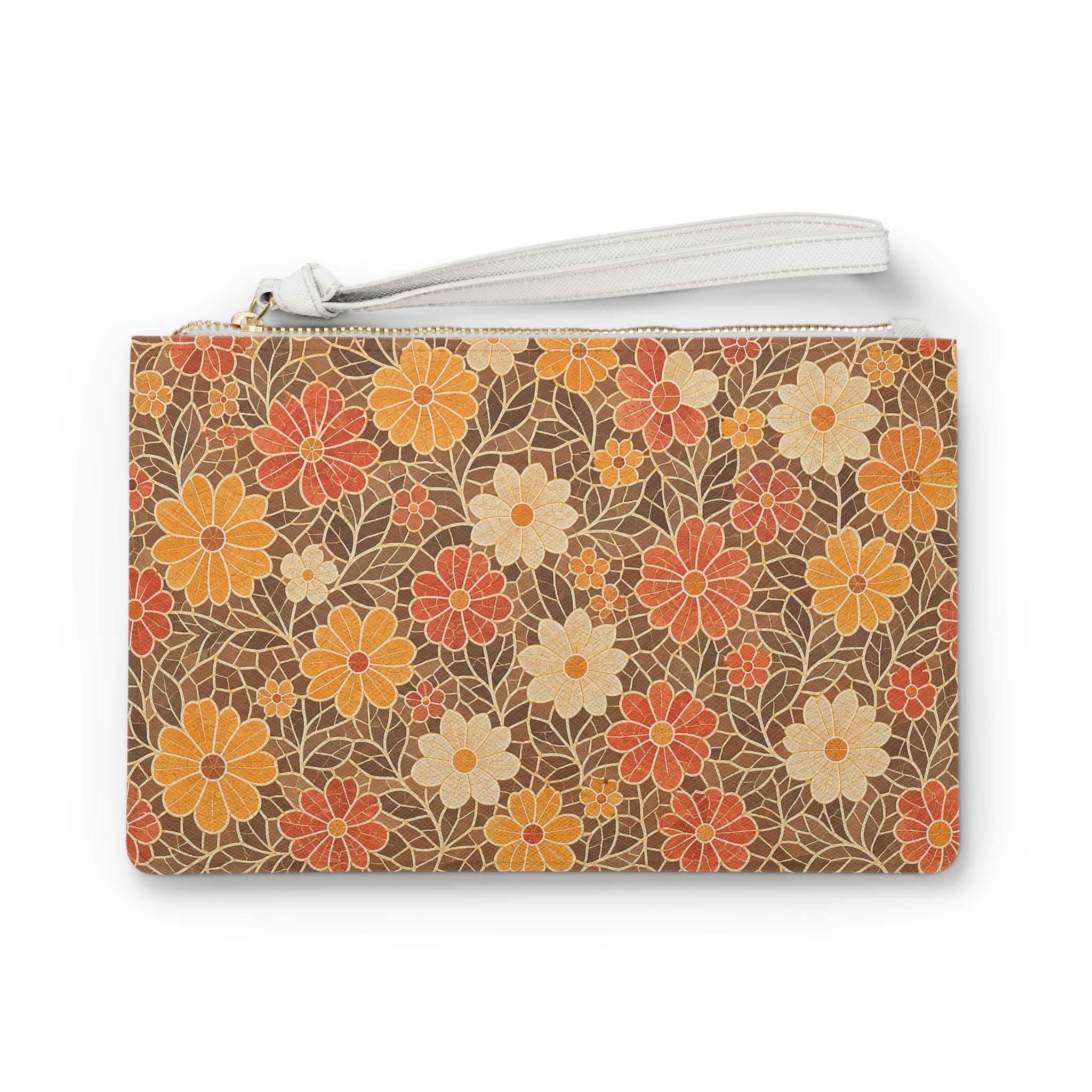 Retro floral clutch bag with orange, yellow and cream autumn daisies and a white wrist strap, shown on a white background