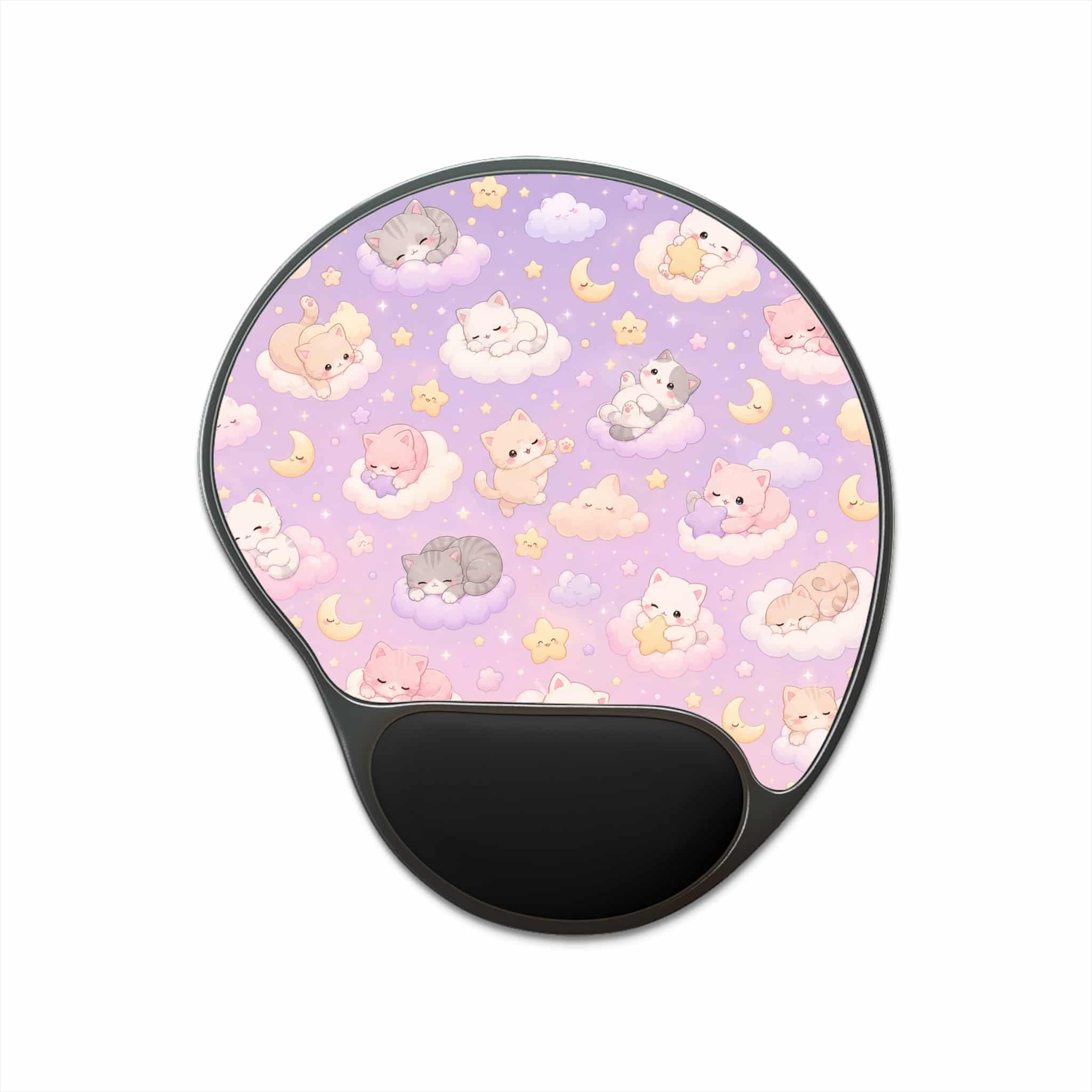 Kawaii cat cloud dream mouse pad in lilac with sleeping cats on clouds and a black gel wrist rest, shown on a white background