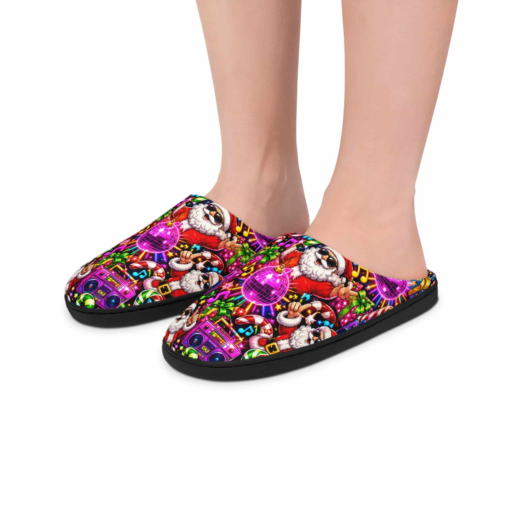 Christmas Disco Slippers — Colorful Santa & Retro Boombox Women's Indoor Slippers - Image 6