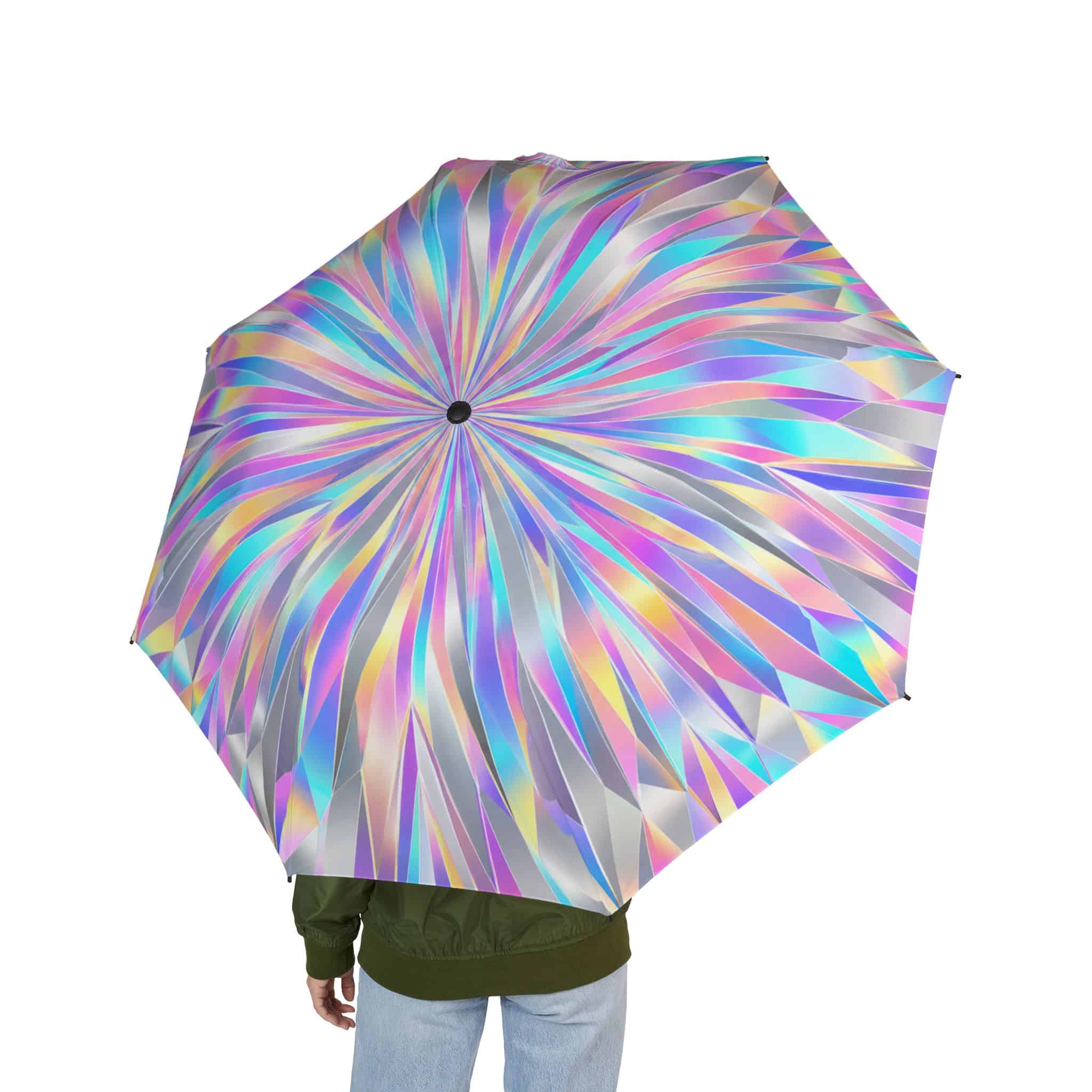 Holographic Iridescent Burst Foldable Umbrella — Iridescent Prism Swirl Compact Umbrella - Image 3