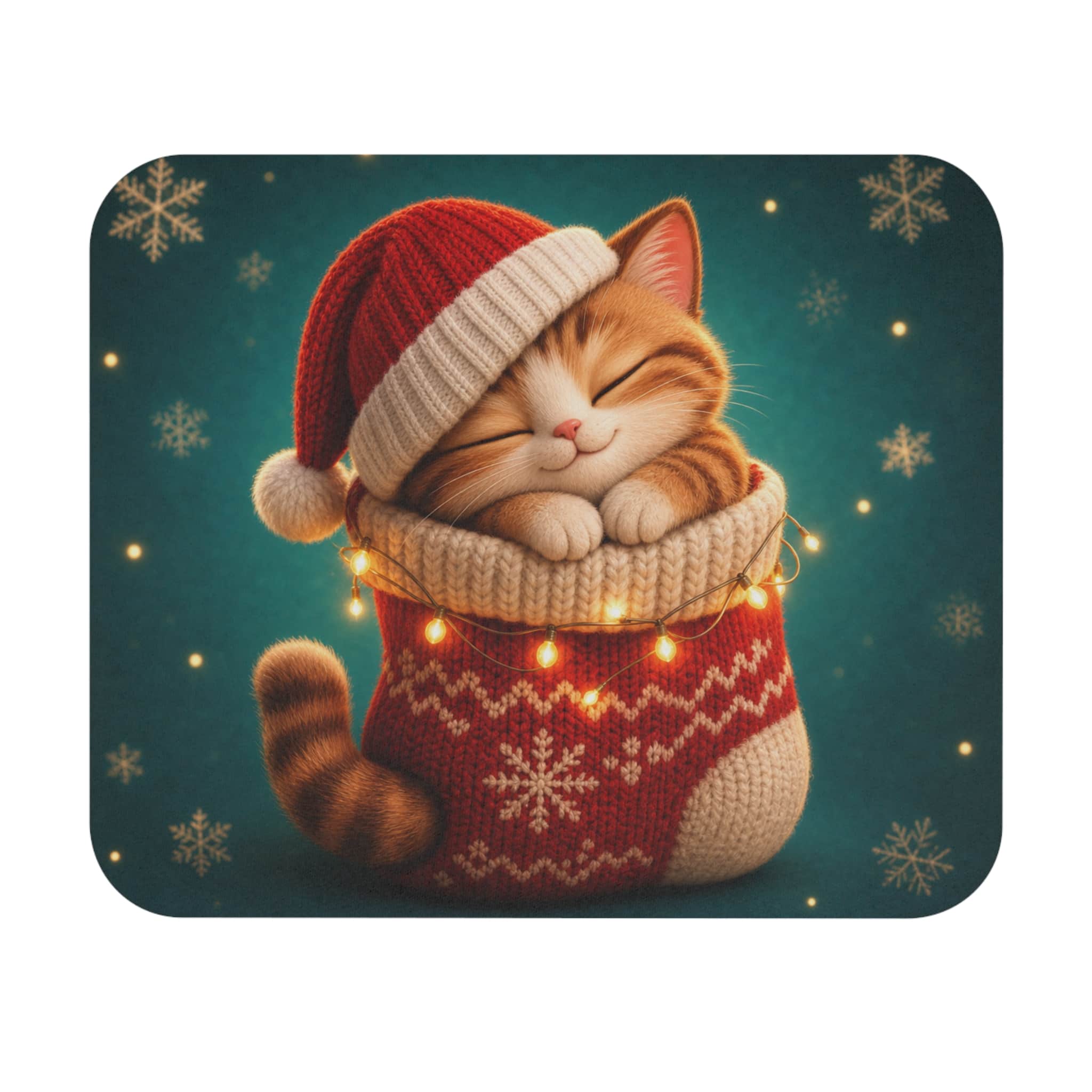 Cozy Christmas cat nap mouse pad with a kitten in a Santa hat asleep in a holiday stocking, shown on a white background