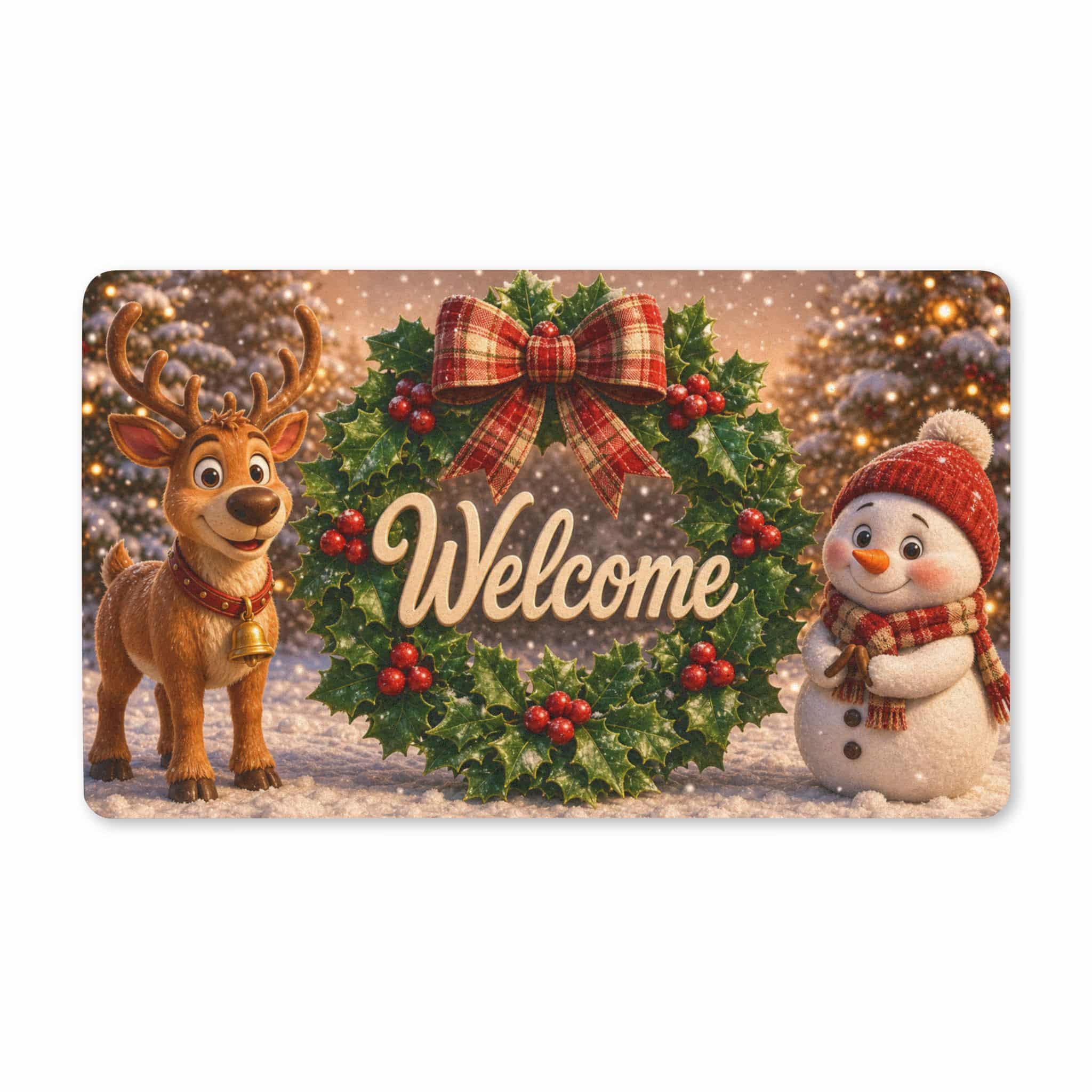 Christmas Welcome doormat with a reindeer and snowman beside a holiday wreath, shown on a white background