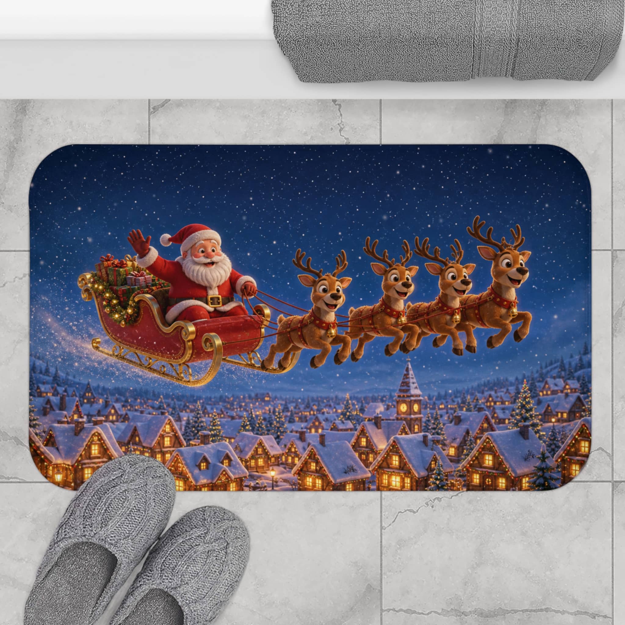 Christmas Santa Sleigh Bath Mat — Festive Holiday Bathroom Rug with Reindeer over Snowy Village - Image 4
