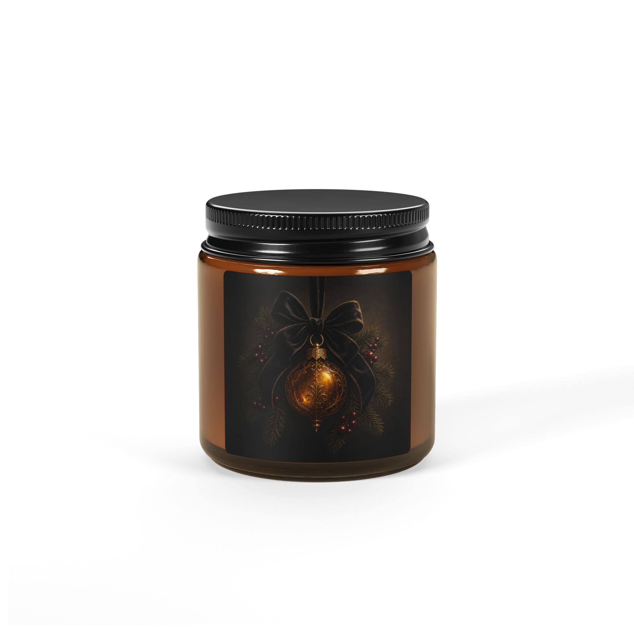 Autumn glow soy candle in a dark amber jar with a black lid and a glowing wreath label, shown on a white background