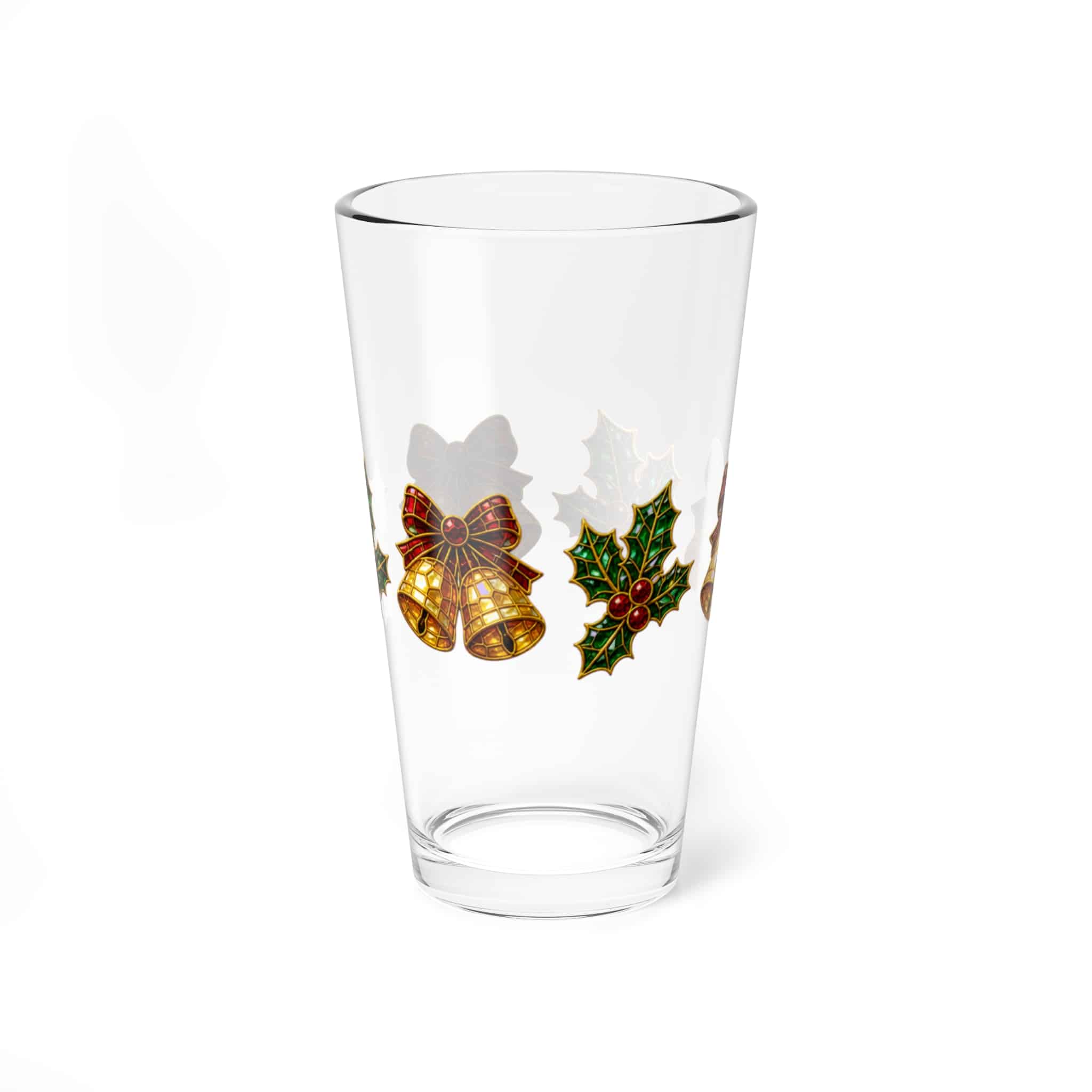 16 oz Christmas mixing glass with golden bells and holly, shown on a white background