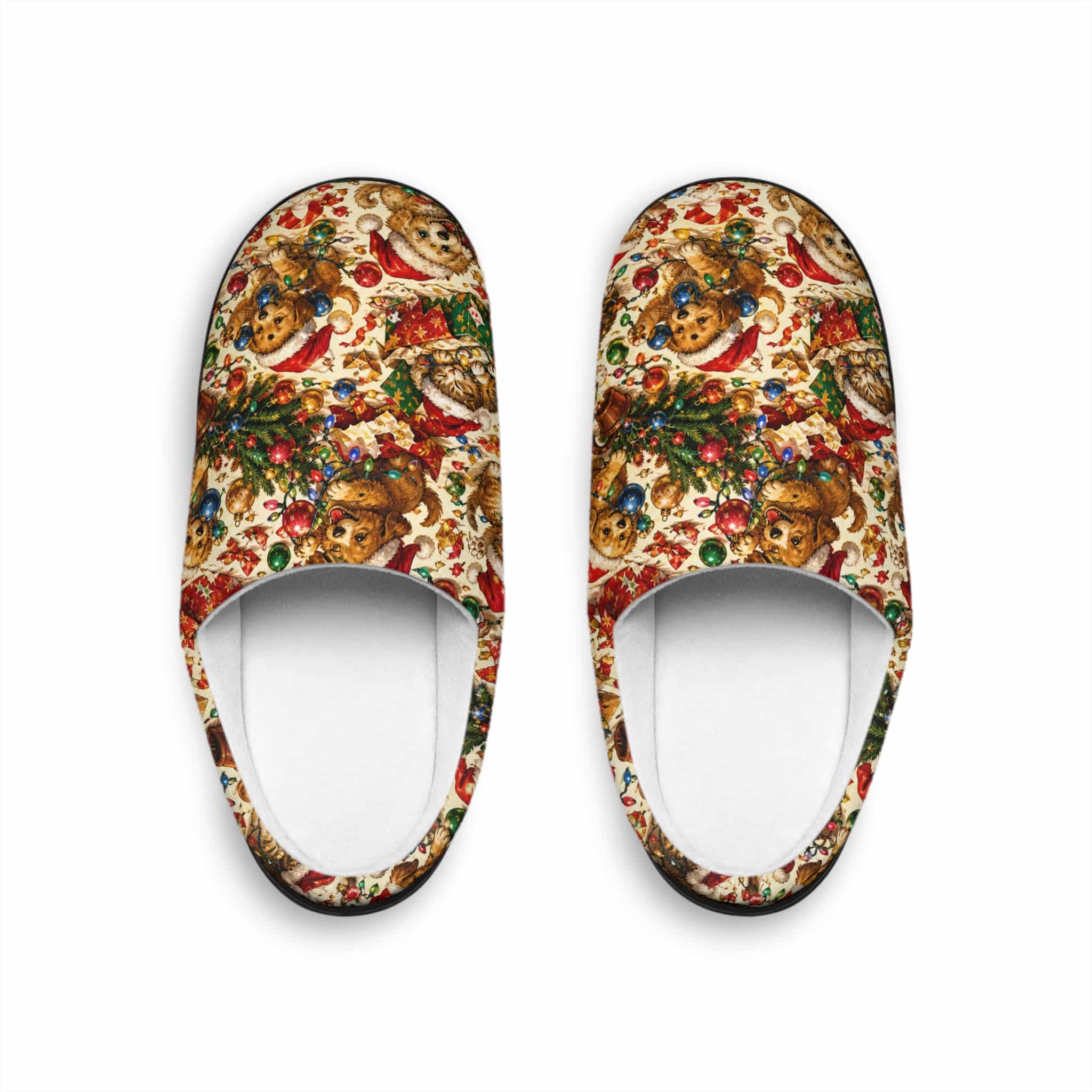 Christmas teddy bear women's indoor slippers with a festive red, cream and green pattern, shown on a white background