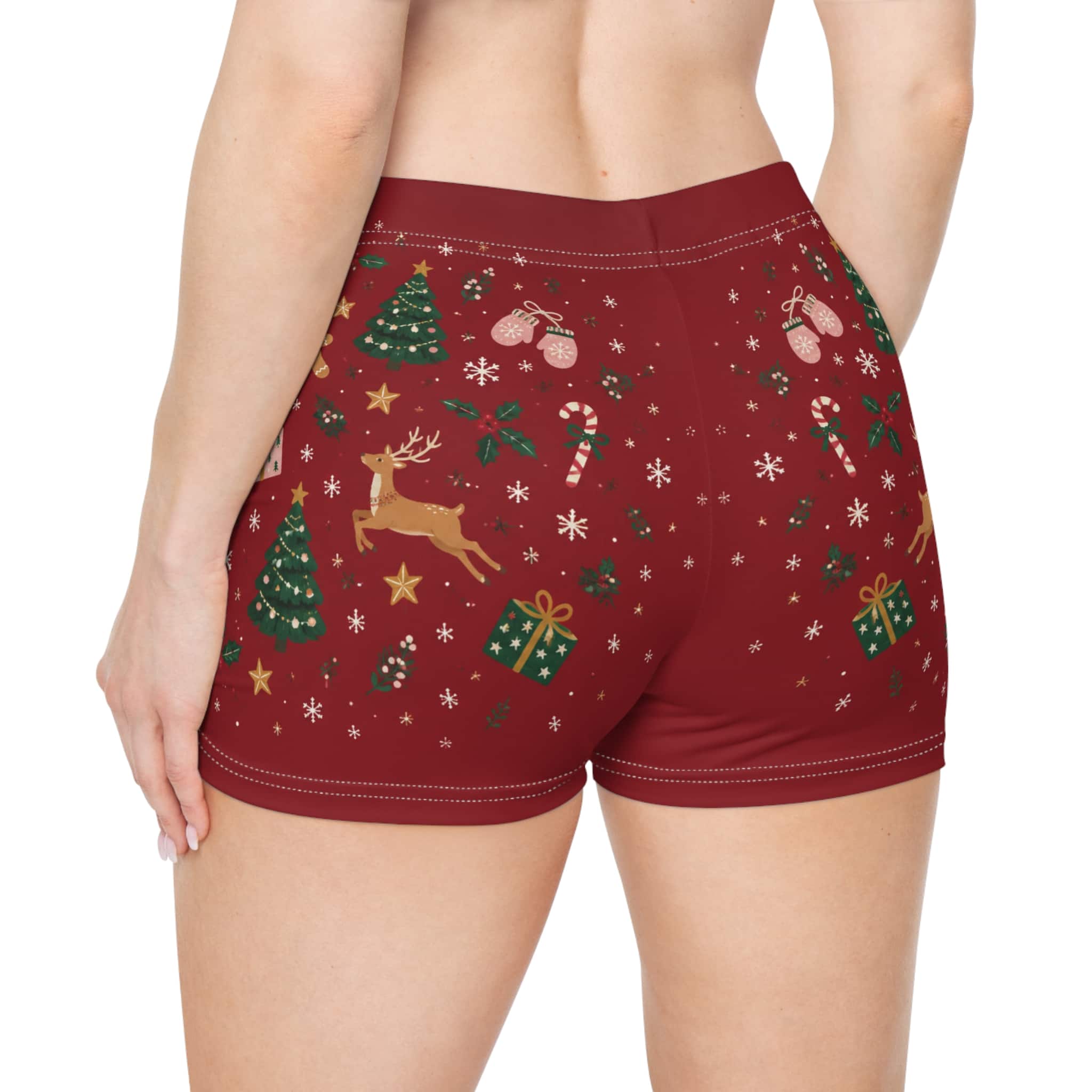 Christmas Holiday Women's Shorts - Red Festive Reindeer & Tree - Image 2