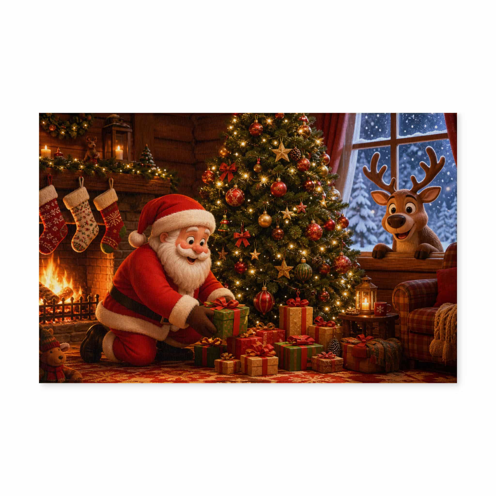 Christmas Santa and reindeer washable rug with Santa by a lit tree and fireplace, shown on a white background