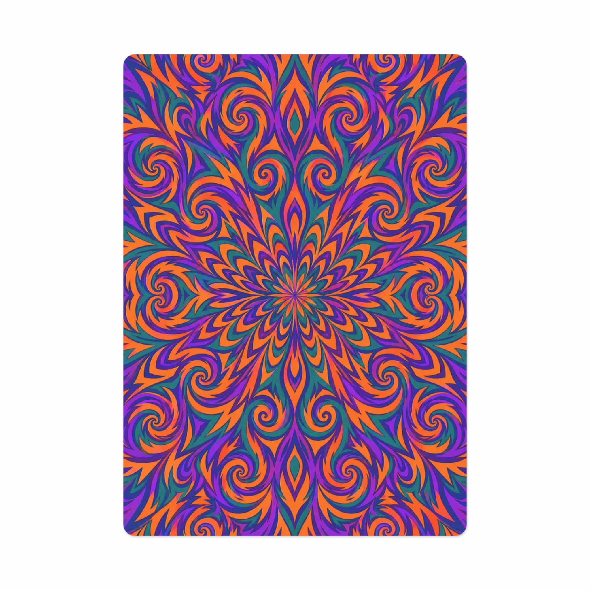 Psychedelic op-art swirl poker card back in purple, orange and pink, shown on a white background
