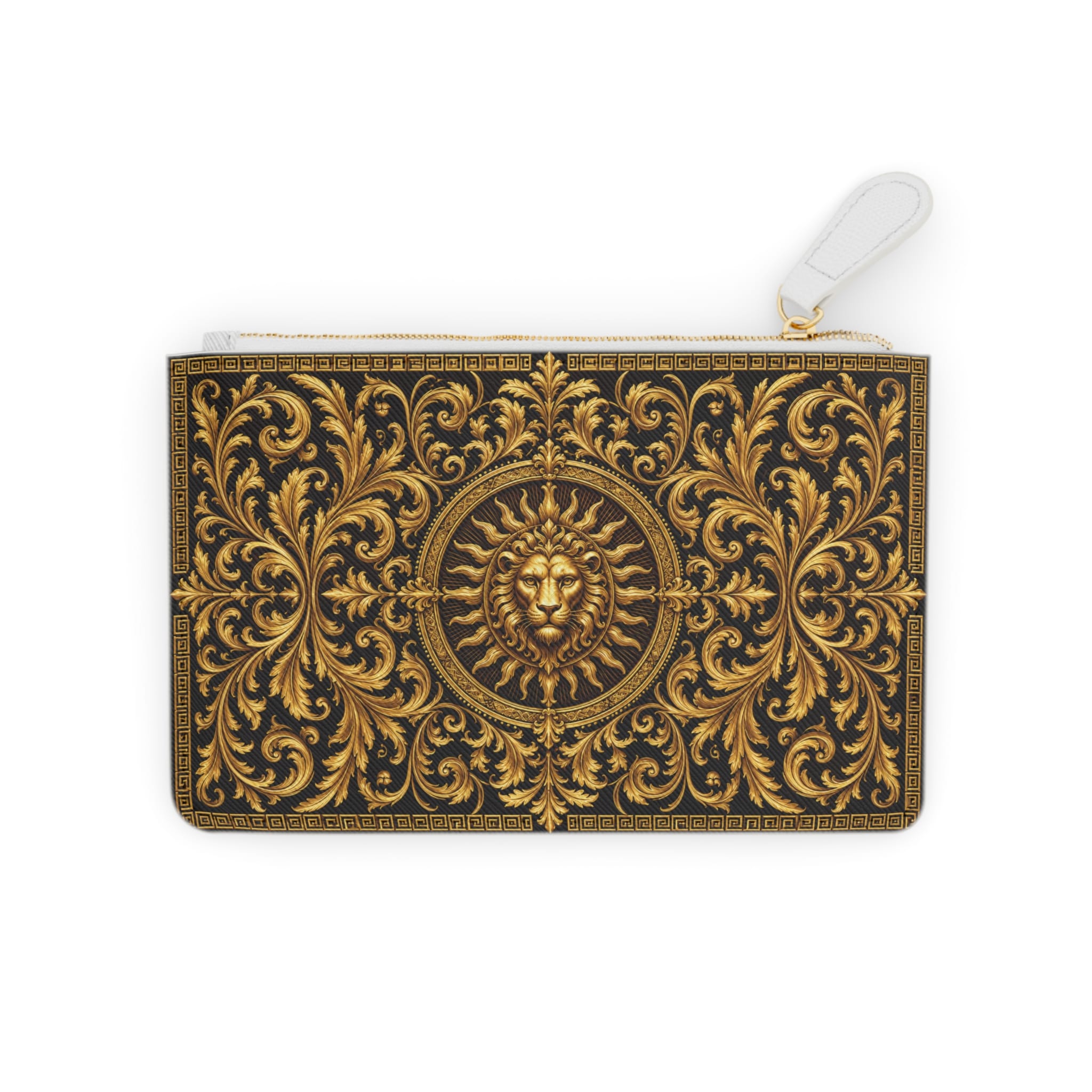 Baroque gold lion medallion mini clutch in dark green with an ornate gold medallion, shown on a white background