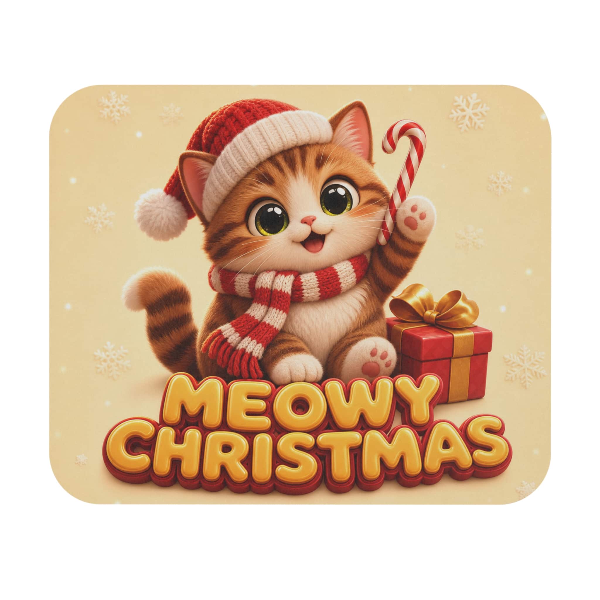 Meowy Christmas mouse pad with a cartoon cat in a Santa hat holding a candy cane, shown on a white background