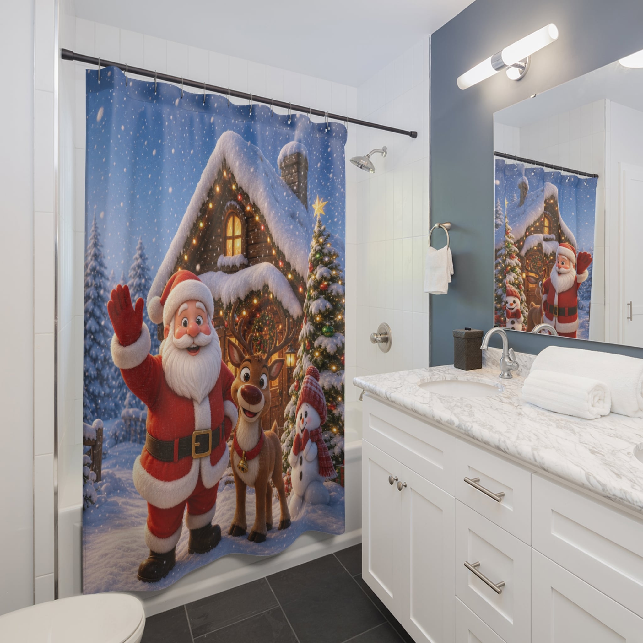 Christmas Santa & Reindeer Shower Curtain — Holiday Snowy Cabin Bathroom Decor - Image 3