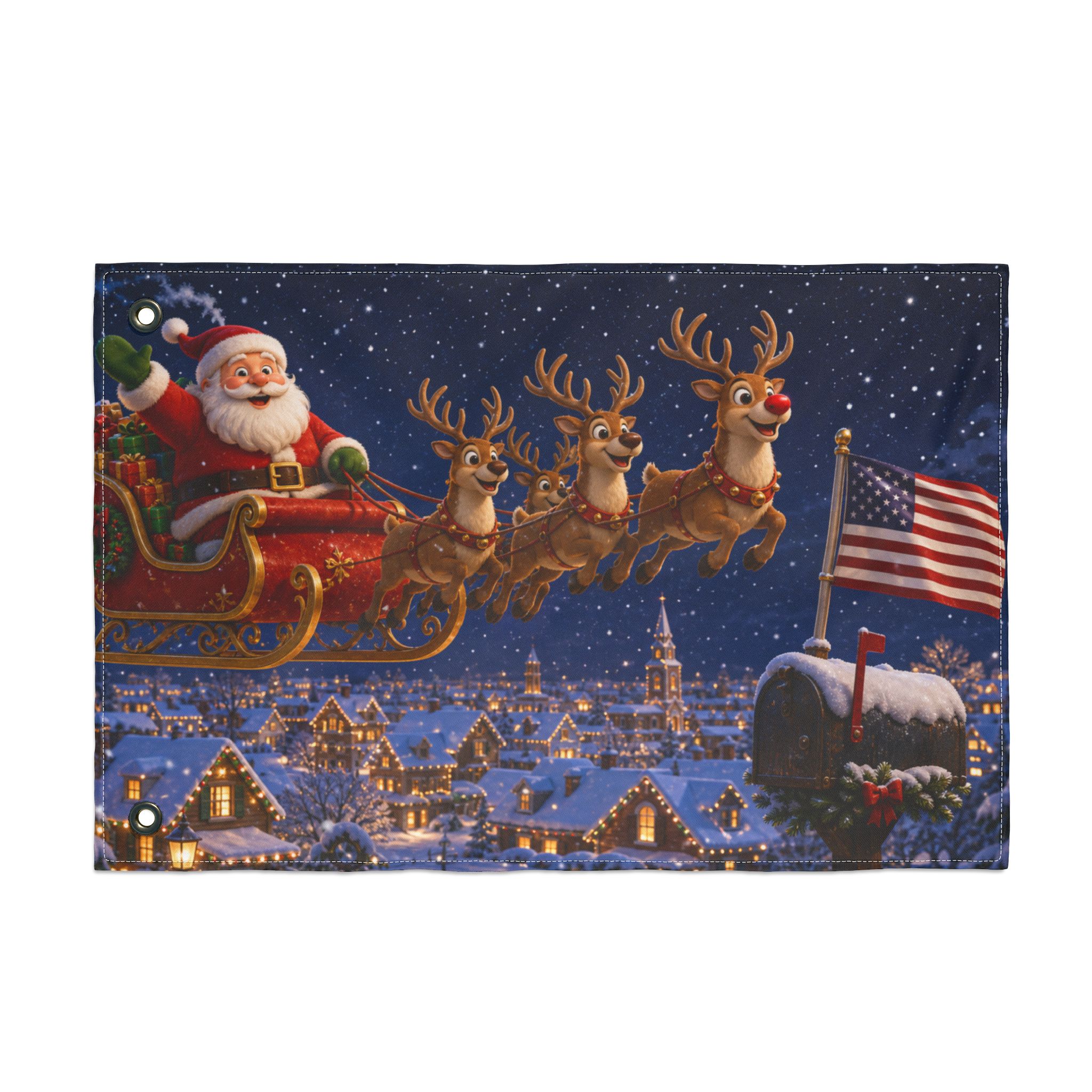 Santa sleigh over town double-sided Christmas flag with Santa and reindeer flying over a snowy village at night, shown on a white background