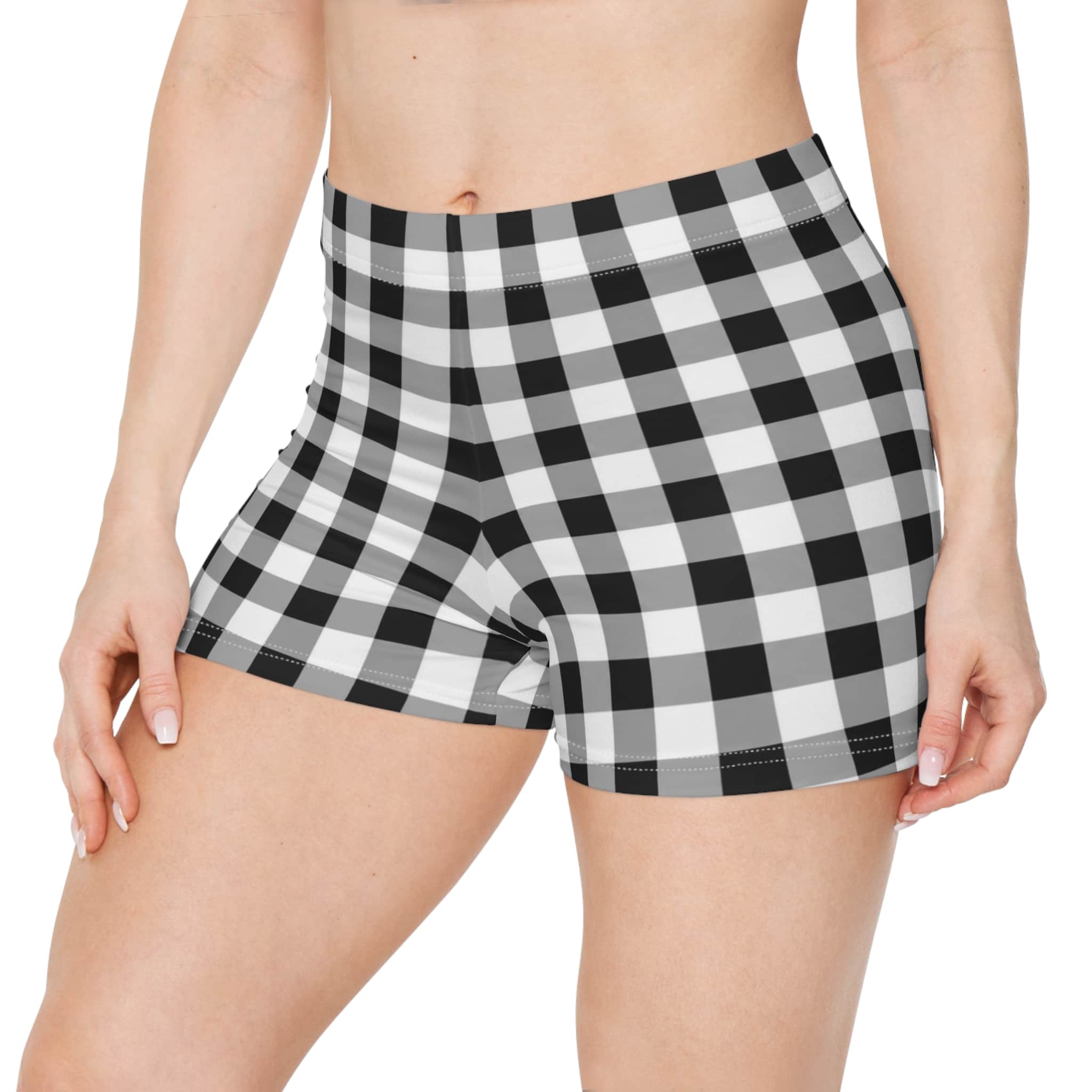 Black and white gingham women's lounge shorts with a checkered pattern, shown on a model