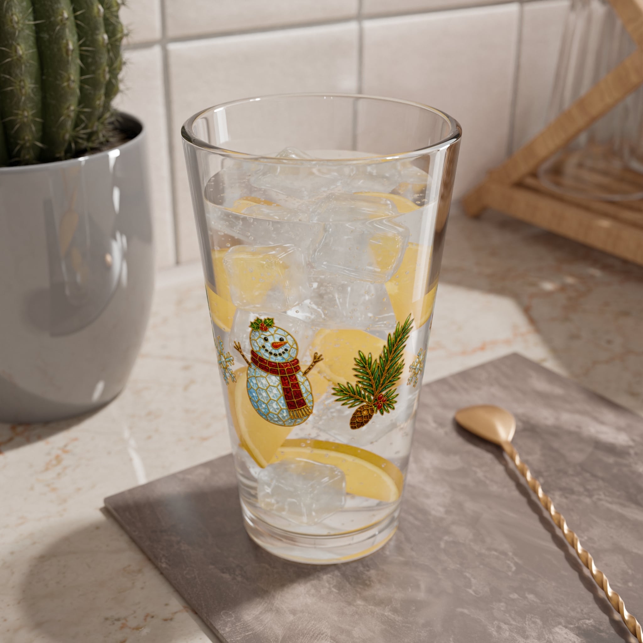 Holiday Snowman Pint Glass - 16oz Christmas Mixing Glass with Pine & Snowflake Design - Image 6