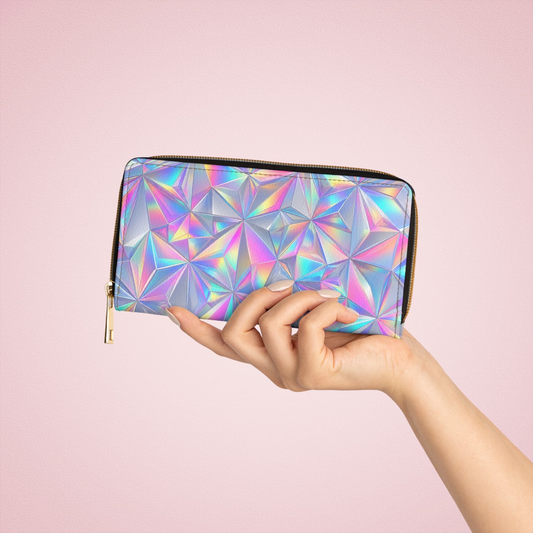 Holographic Iridescent Prism Zipper Wallet, Chrome Rainbow Crystal - Image 4