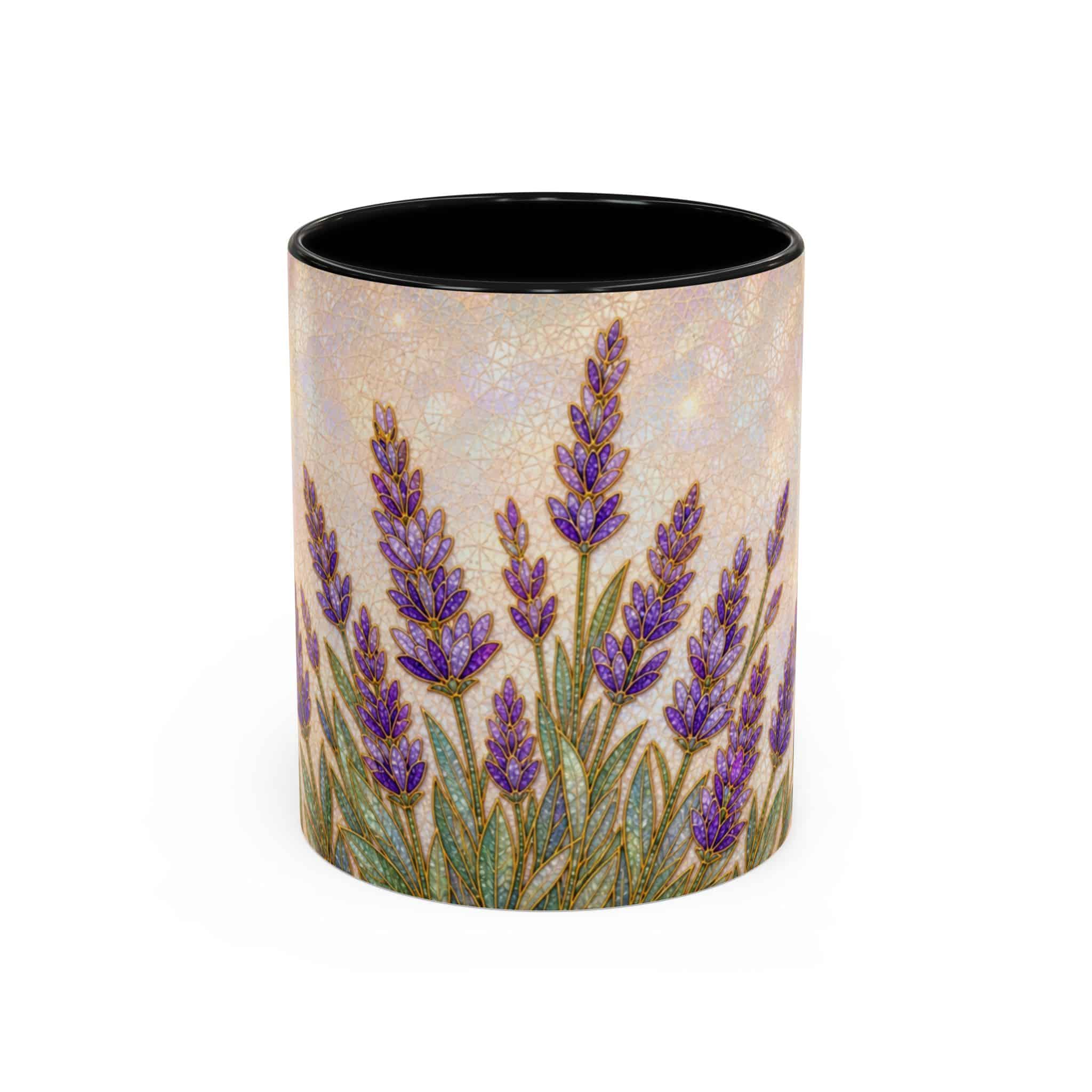 Lavender field accent coffee mug with purple lavender stems and a black inside, shown on a white background