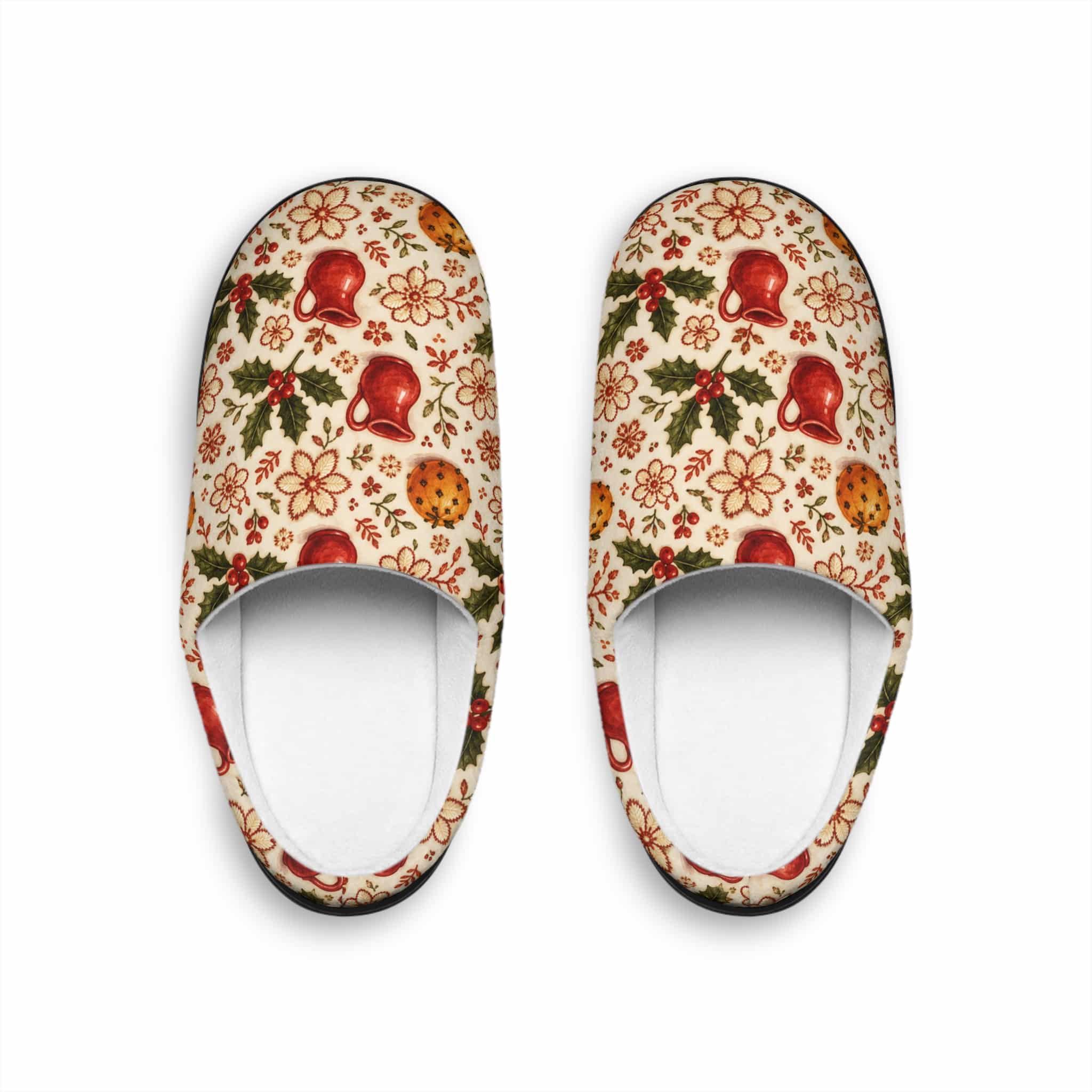 Christmas holly and bells women's indoor slippers with holly leaves, red bells and baubles on cream, shown on a white background