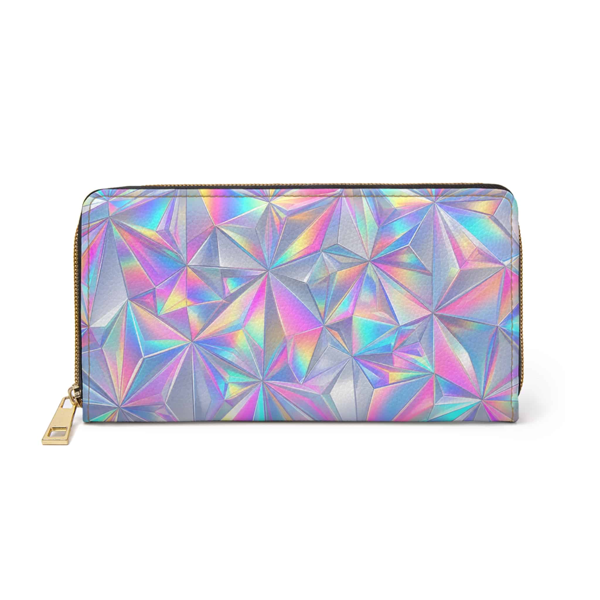 Holographic iridescent prism zipper wallet with a chrome rainbow crystal pattern, shown on a white background