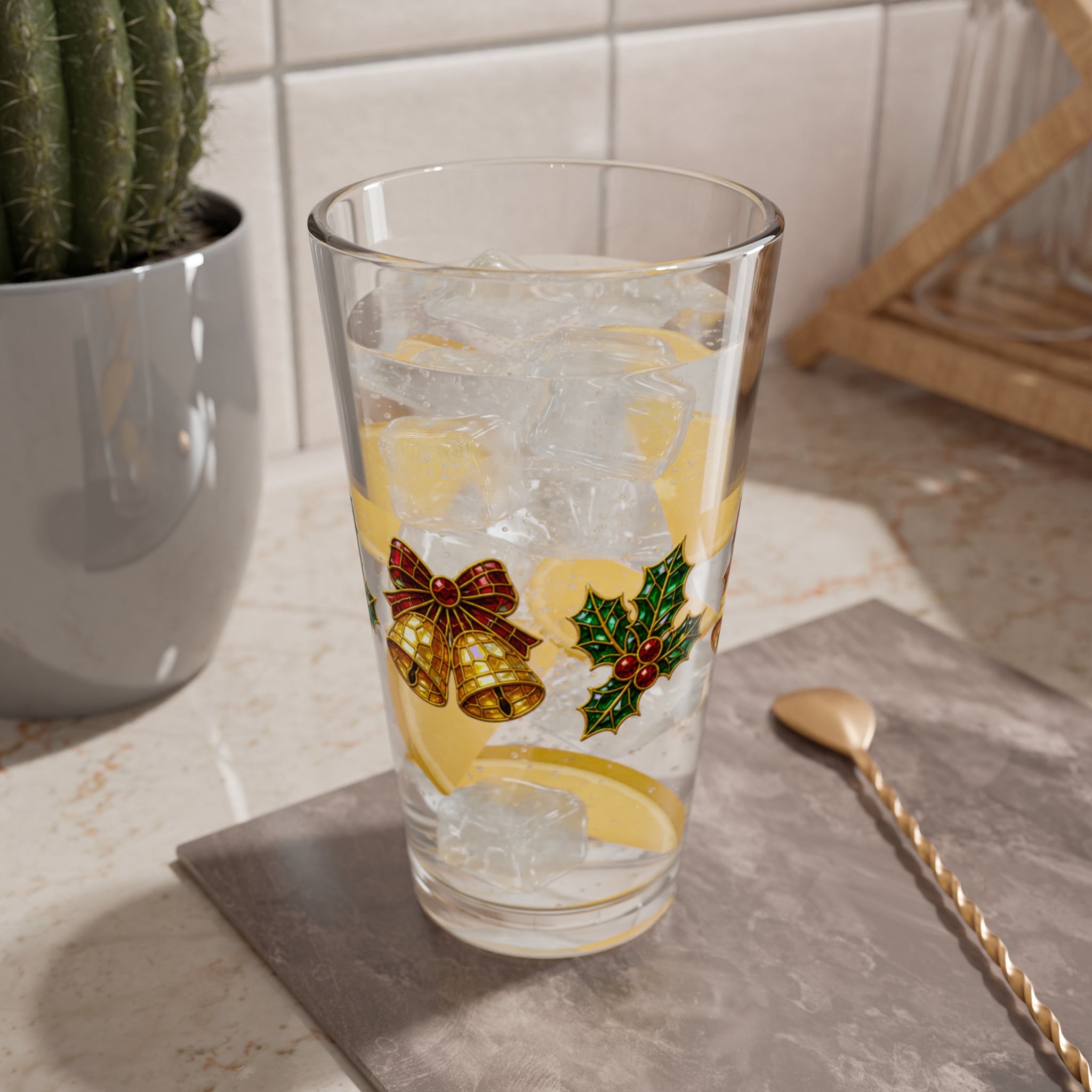 Christmas Bells & Holly Mixing Glass — 16 oz Holiday Cocktail Glass - Image 6