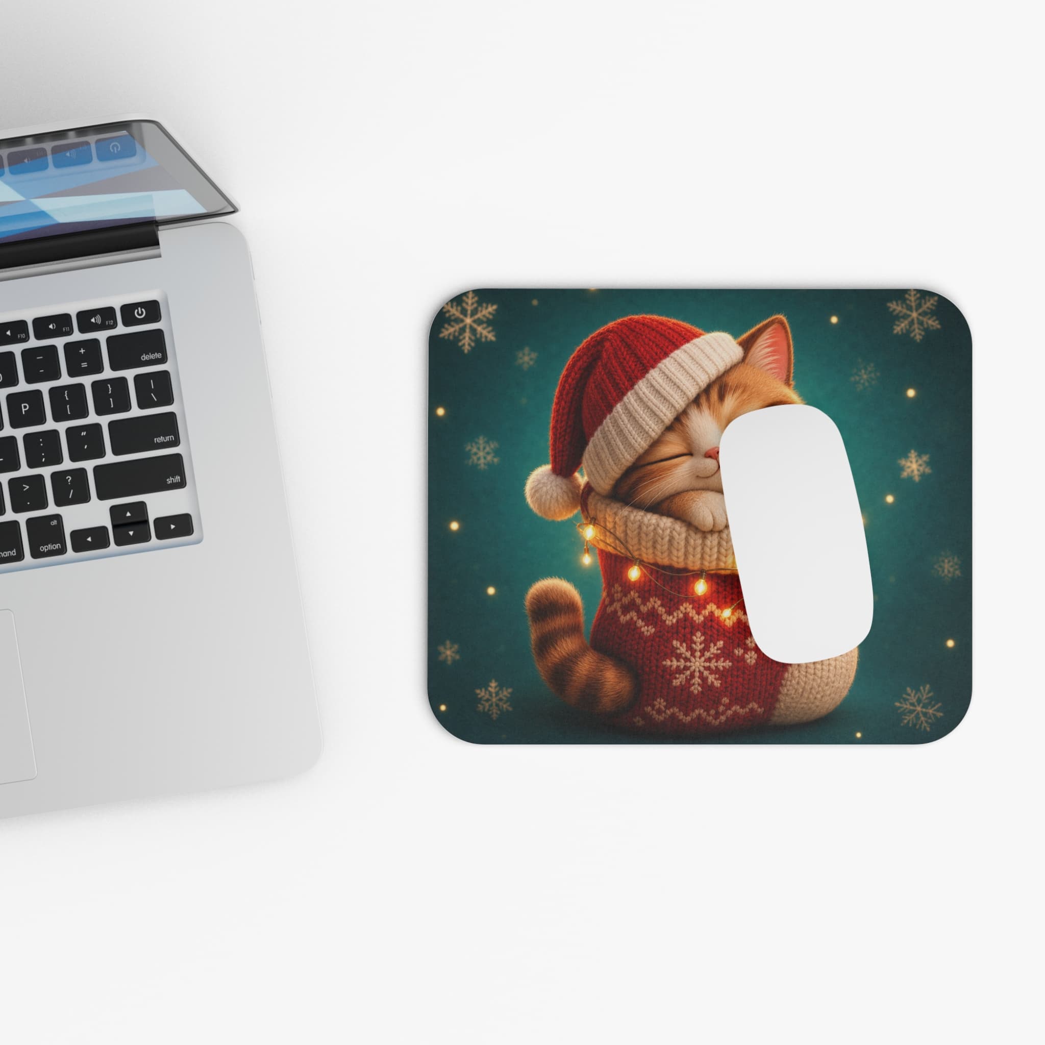 Cozy Christmas Cat Nap Mouse Pad — Cute Kitten in Holiday Stocking Desk Mat - Image 4